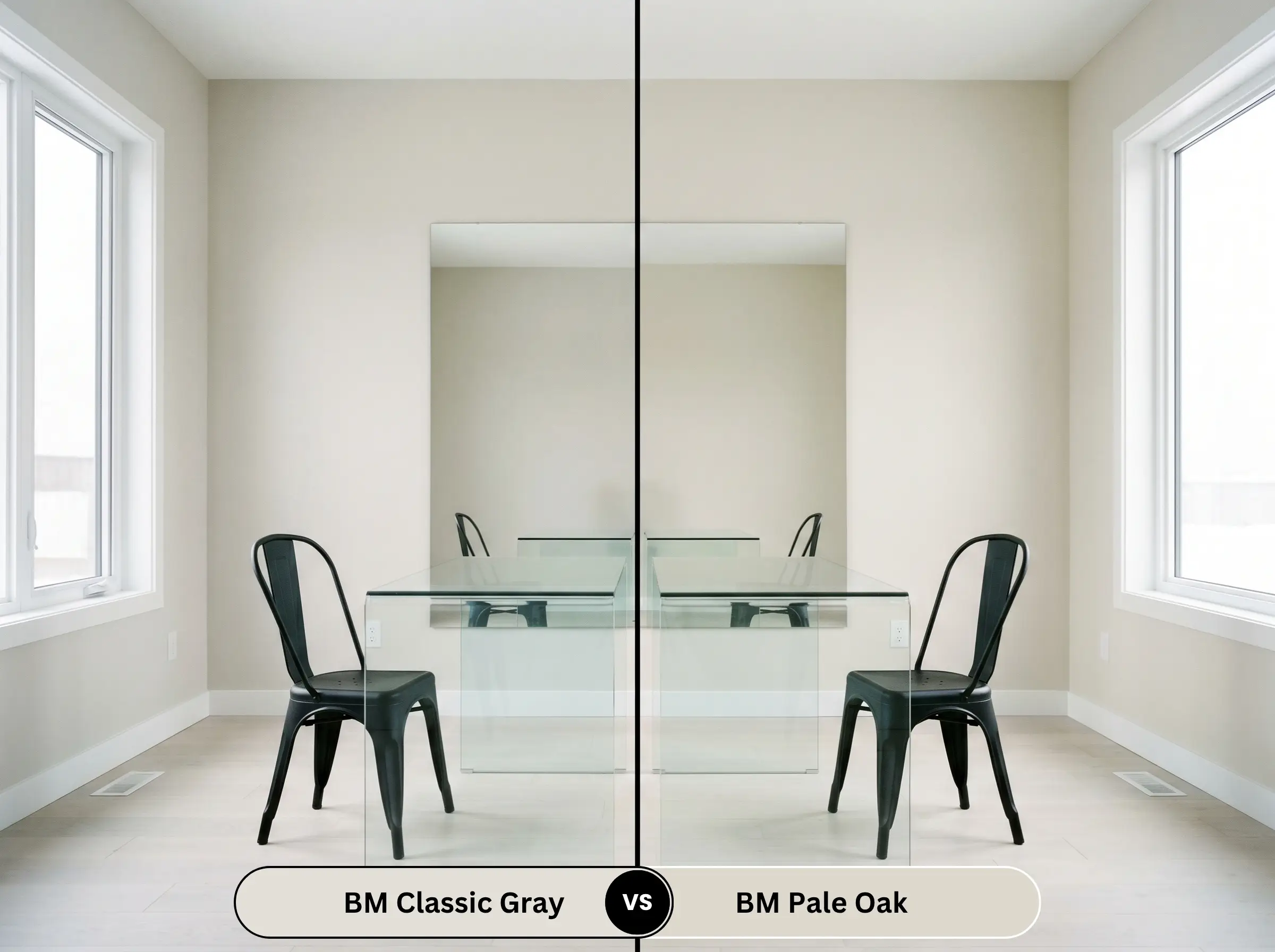 A side-by-side split-screen comparison of Benjamin Moore Classic Gray on the left and Benjamin Moore Pale Oak on the right, shown in a contemporary home office with a sleek glass desk.