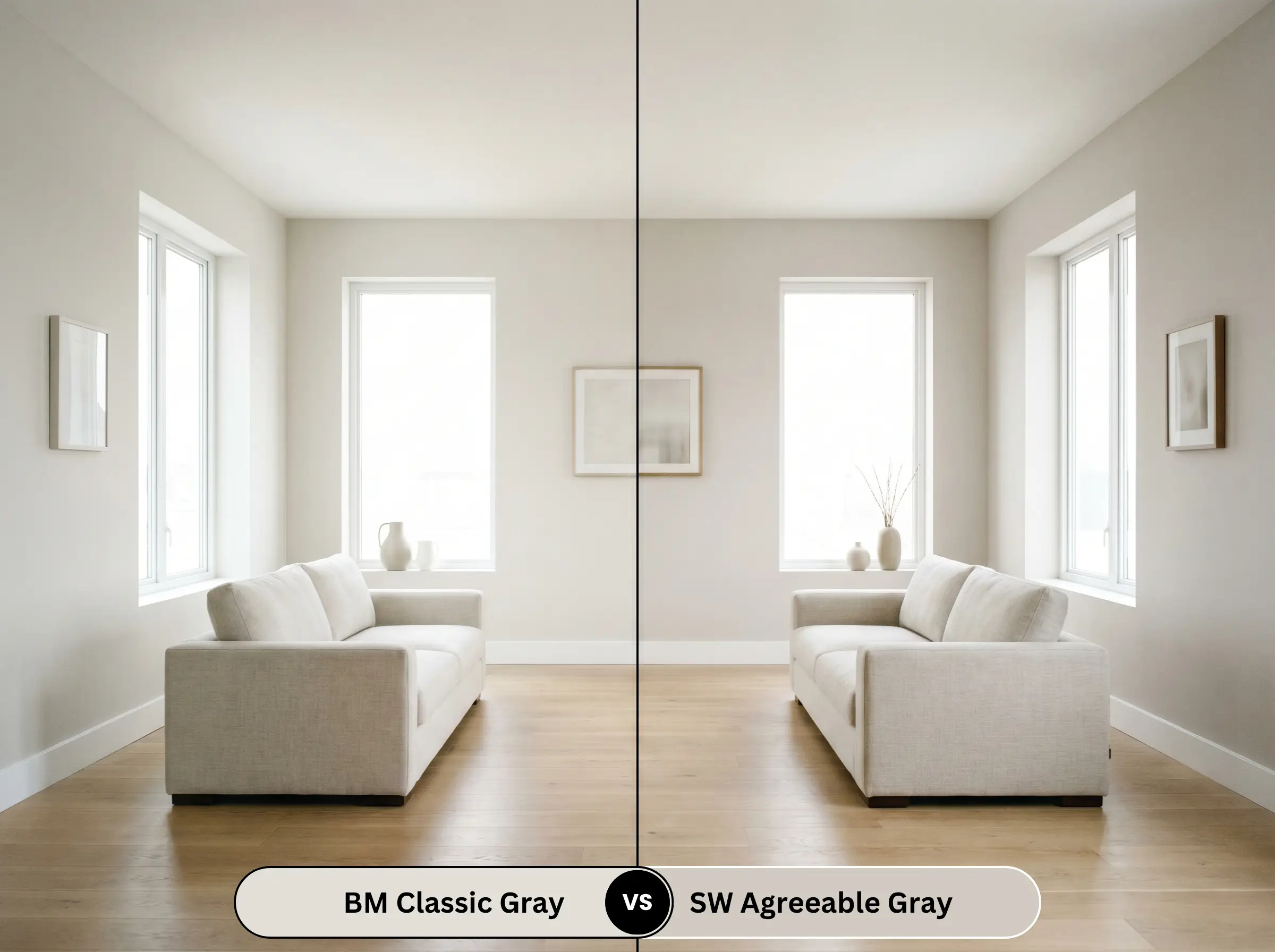 A side-by-side split-screen comparison of Benjamin Moore Classic Gray on the left and Sherwin-Williams Agreeable Gray on the right, shown in a spacious living room with a tailored linen sofa.