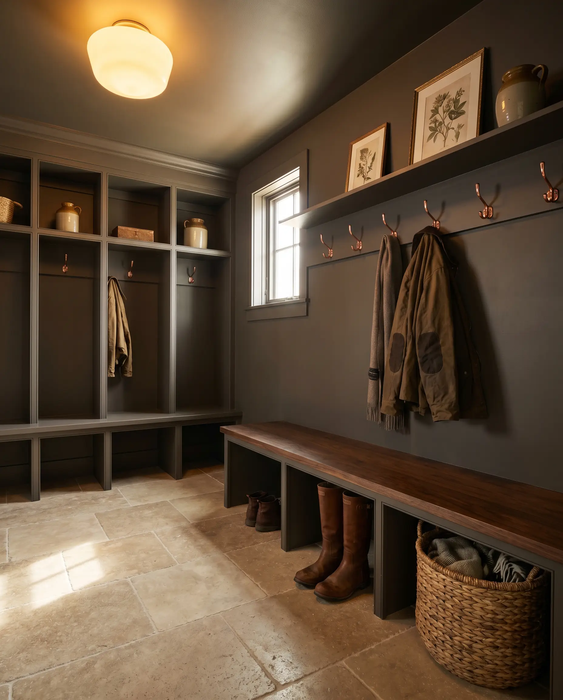 Built-in cubbies, walls, and ceiling envelop a jewel-box mudroom featuring a matte travertine floor, dark walnut bench, and polished copper coat hooks.