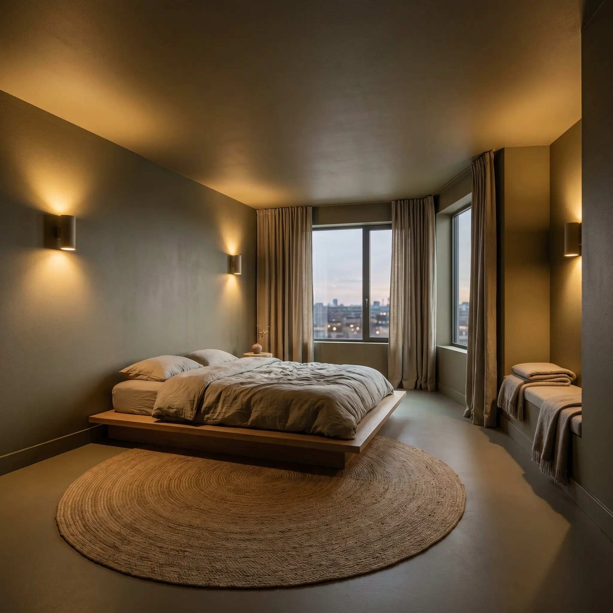 A soft minimalist primary bedroom is entirely color-drenched in Benjamin Moore Dark Olive (Hex #616253), featuring a low-profile platform bed and raw silk drapery.