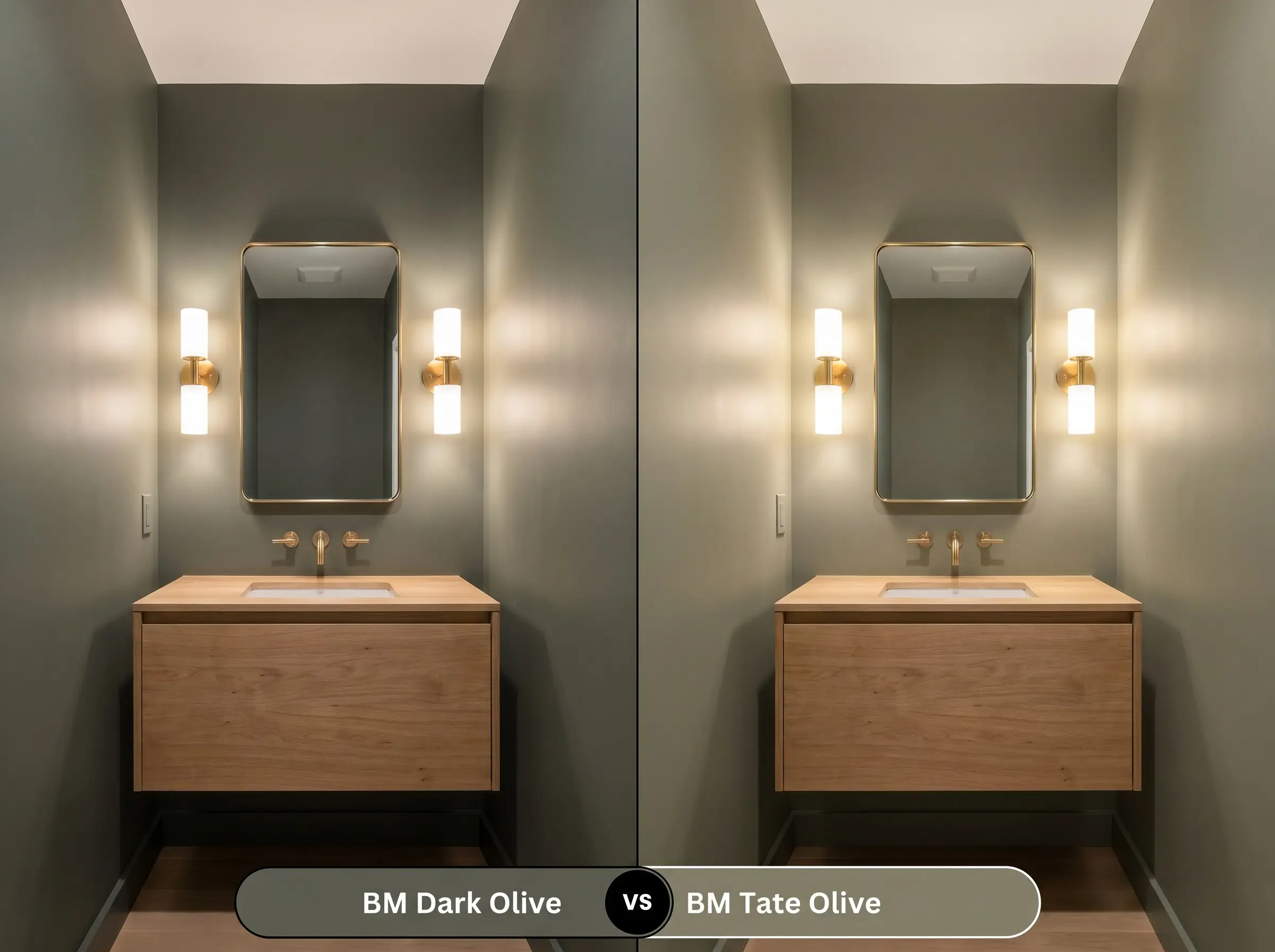 A side-by-side split-screen comparison of Benjamin Moore Dark Olive on the left and Benjamin Moore Tate Olive on the right, shown in an organic modern powder room with a floating wood vanity.
