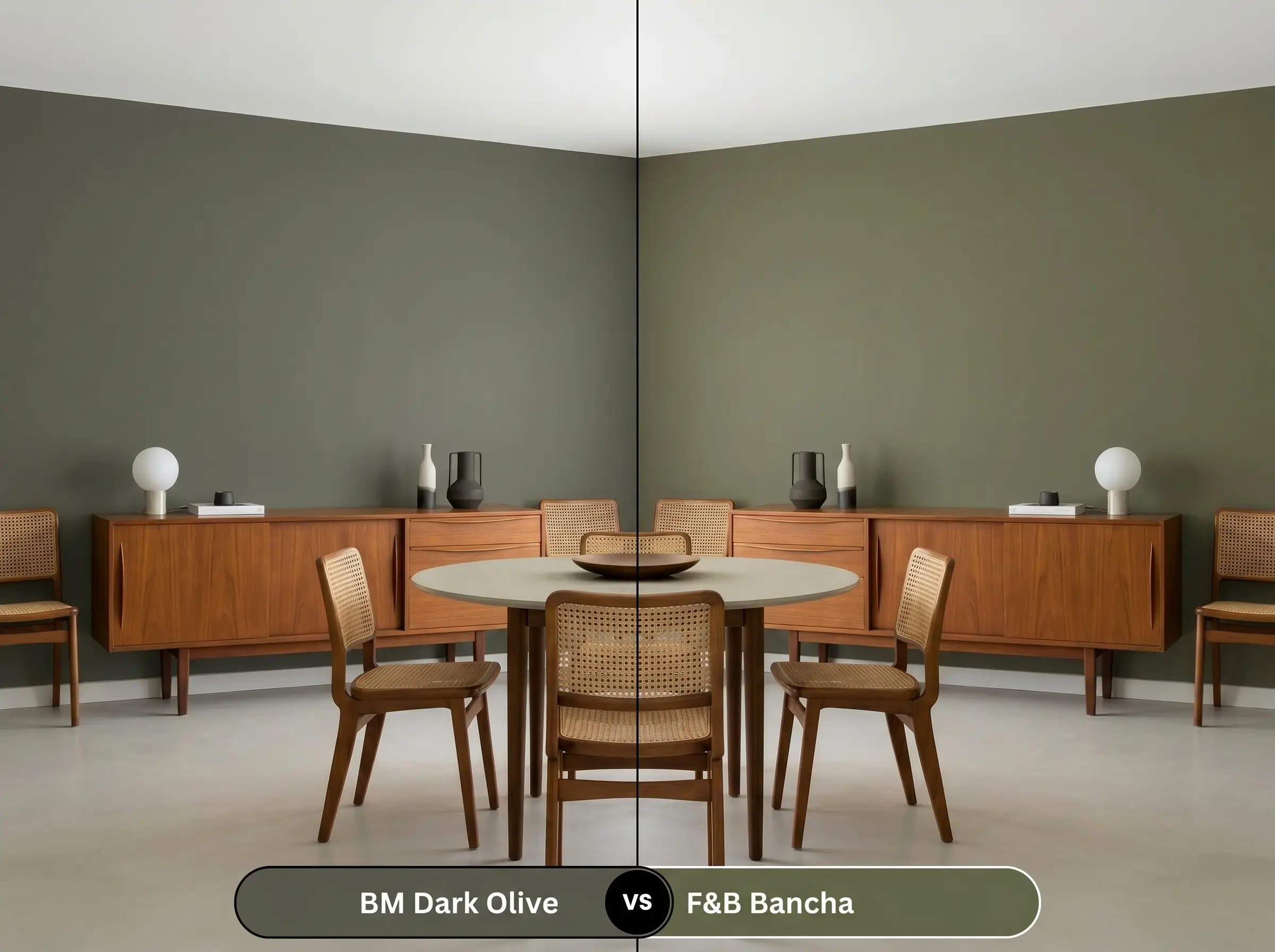 A side-by-side split-screen comparison of Benjamin Moore Dark Olive on the left and Farrow & Ball Bancha on the right, shown in a mid-century modern dining room with a credenza.