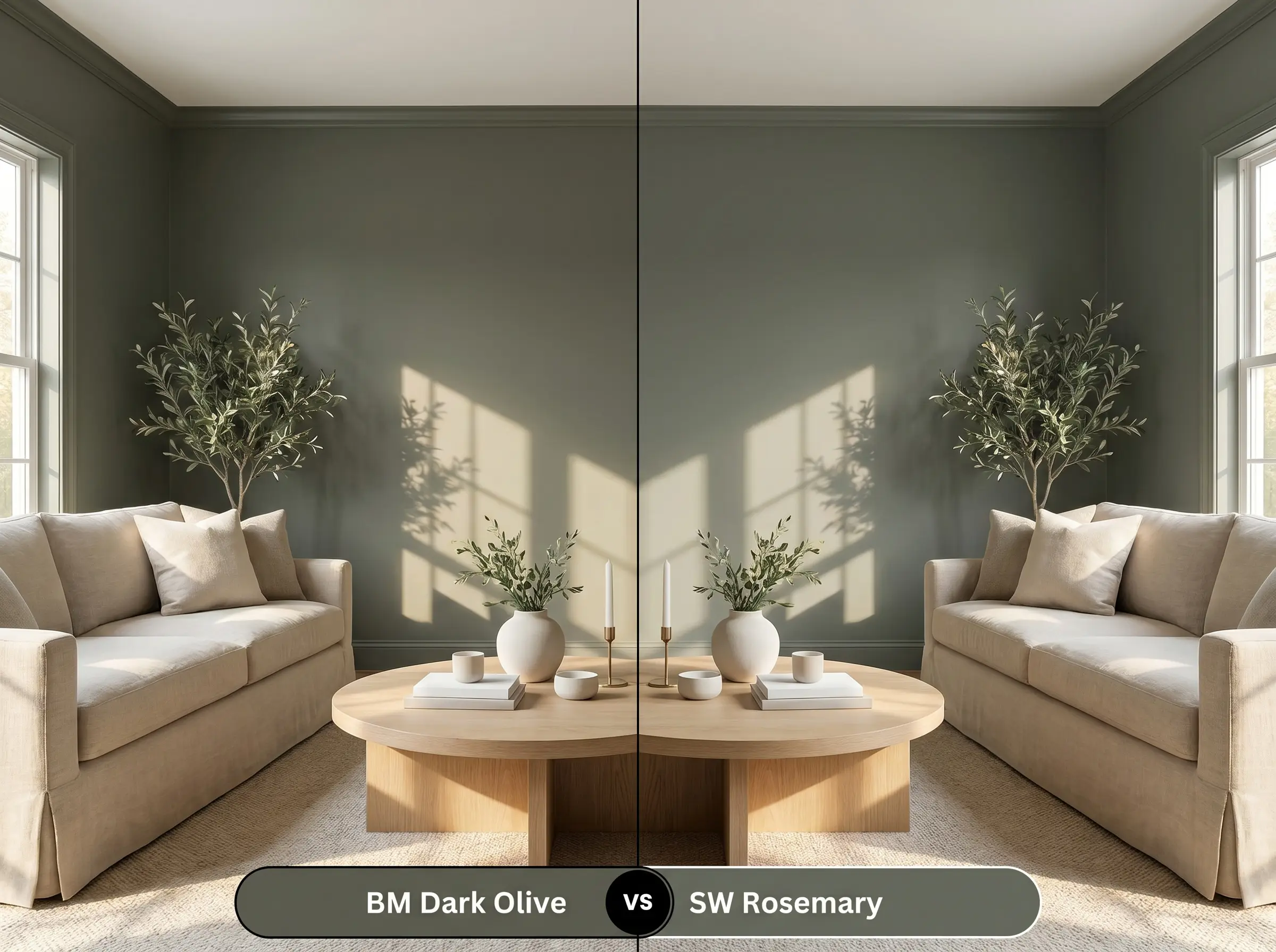 A side-by-side split-screen comparison of Benjamin Moore Dark Olive on the left and Sherwin-Williams Rosemary on the right, shown in a transitional living room with a slipcovered sofa.