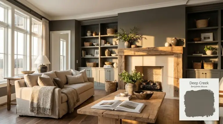 Built-in bookshelves and walls painted in Benjamin Moore Deep Creek (Hex #6B655B) surround a reclaimed timber mantle, matte travertine fireplace, and beige linen sofa.