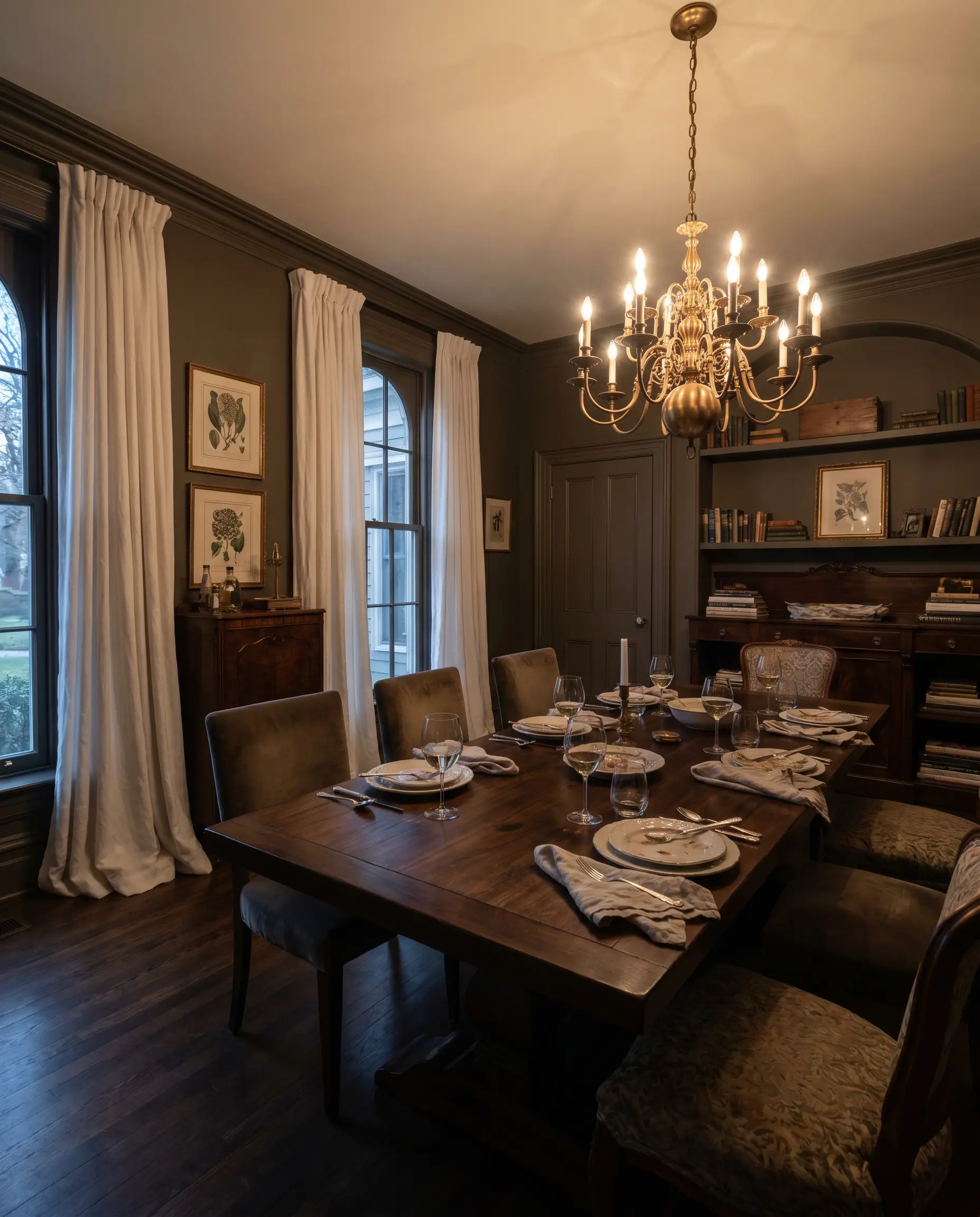 A dark walnut dining table and upholstered chairs sit beneath an unlacquered brass chandelier inside a Benjamin Moore Deep Creek (Hex #6B655B) Victorian dining room.