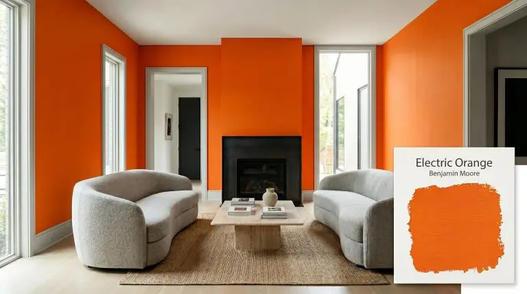 A sleek blackened steel fireplace and curved worsted wool sofa anchor a modern lounge painted in Benjamin Moore Electric Orange (Hex #F0701A).