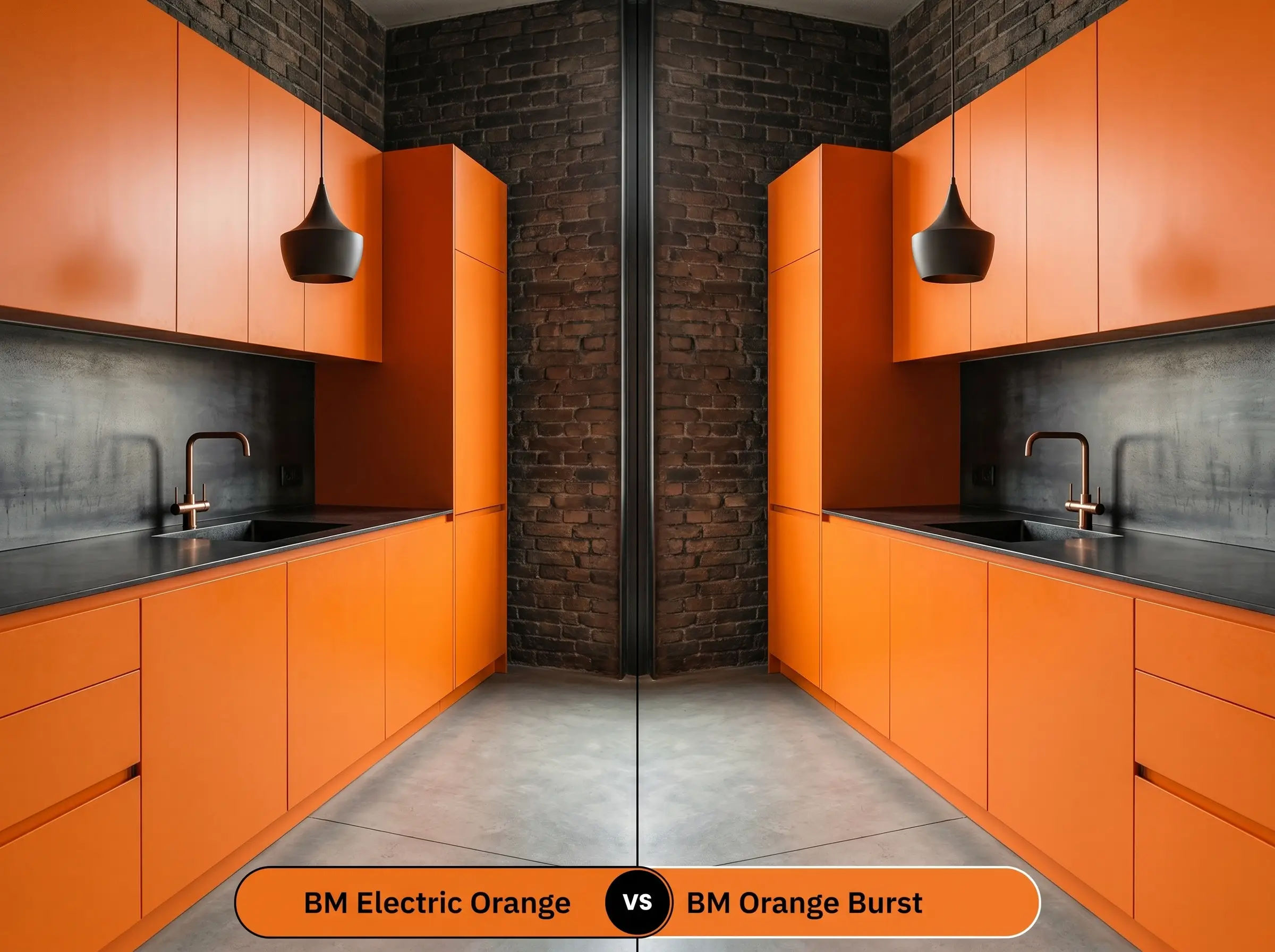 A side-by-side split-screen comparison of Benjamin Moore Electric Orange on the left and Benjamin Moore Orange Burst on the right, shown on industrial loft kitchen cabinets.