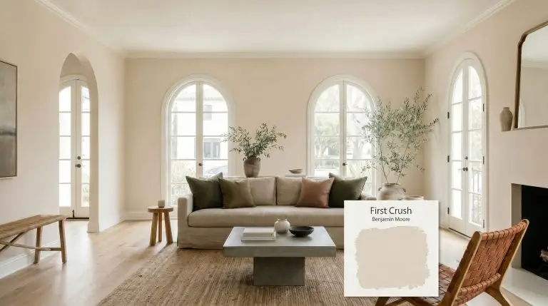A luminous Mediterranean-inspired living room features walls painted in Benjamin Moore First Crush (Hex #E8DECF) alongside raw white oak flooring, a low-slung linen sofa, and deep olive green accents.