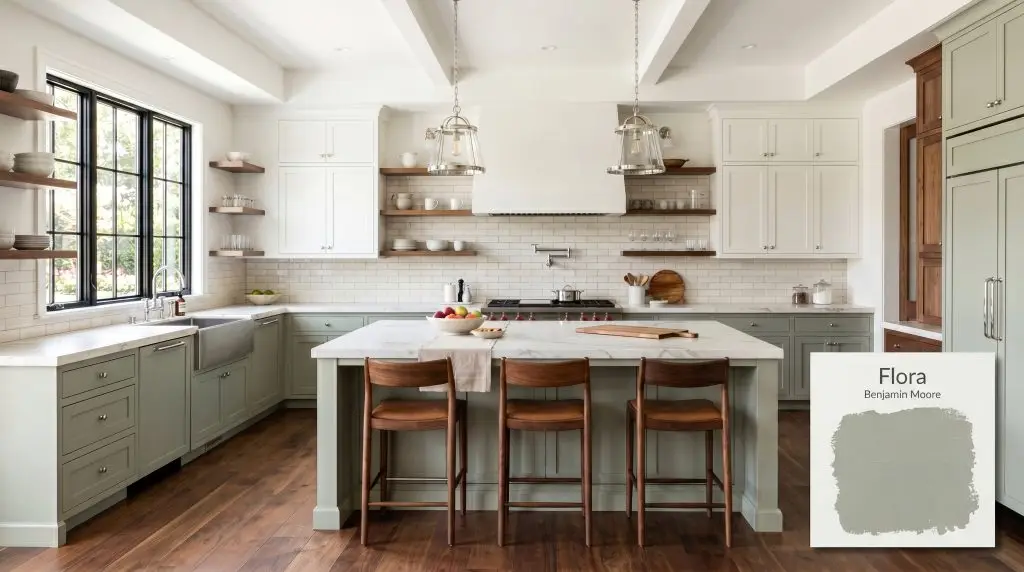 An expansive central island and lower cabinetry painted in Benjamin Moore Flora (Hex #A3AC9E) anchor a stunning high-end kitchen featuring rich domestic walnut wood flooring.