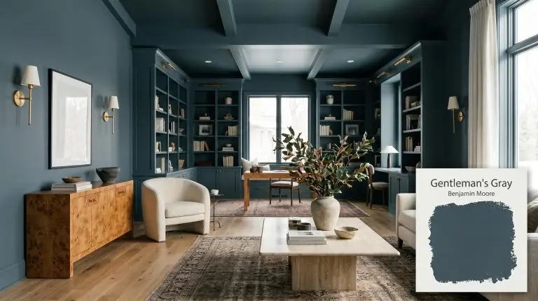 A luxurious open-concept living space and study features built-in bookcases color-drenched in Benjamin Moore Gentleman's Gray (Hex #304656), complementing a warm burl wood console and cream bouclé accent chair.
