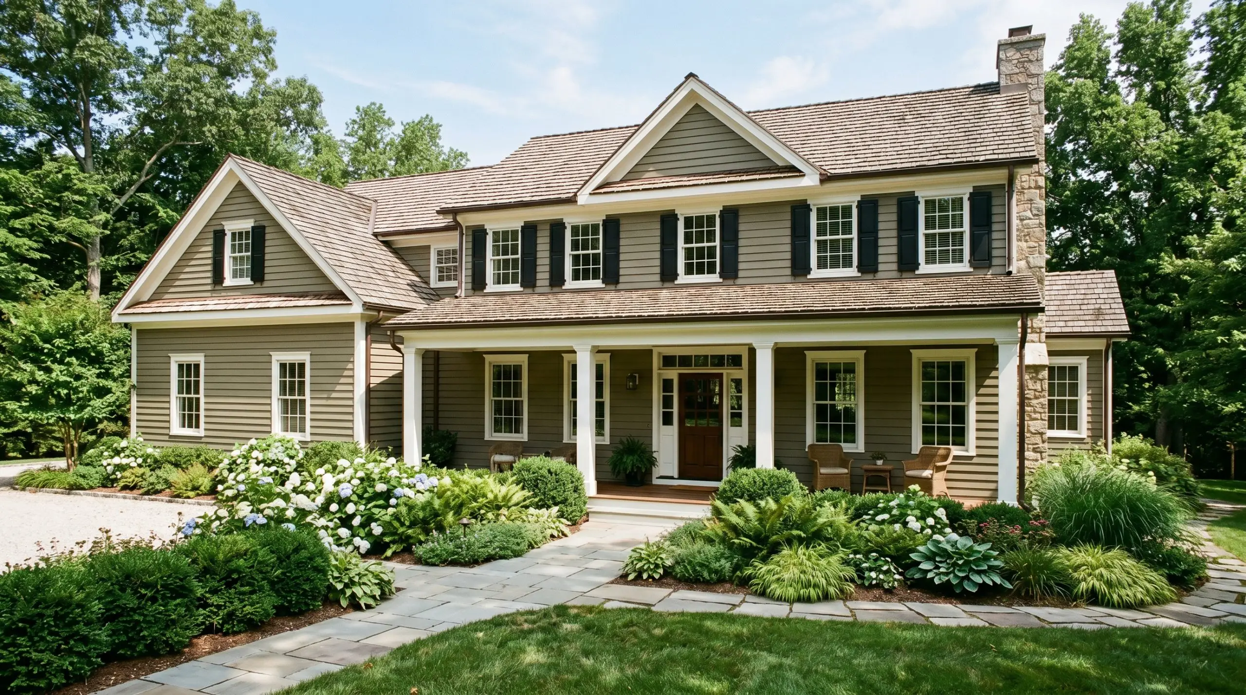 A traditional historic home exterior features cedar shake roofing and exterior siding painted in Benjamin Moore Gloucester Sage (Hex #7B7665), accented by crisp white trim, a natural stone pathway, and lush green landscaping.