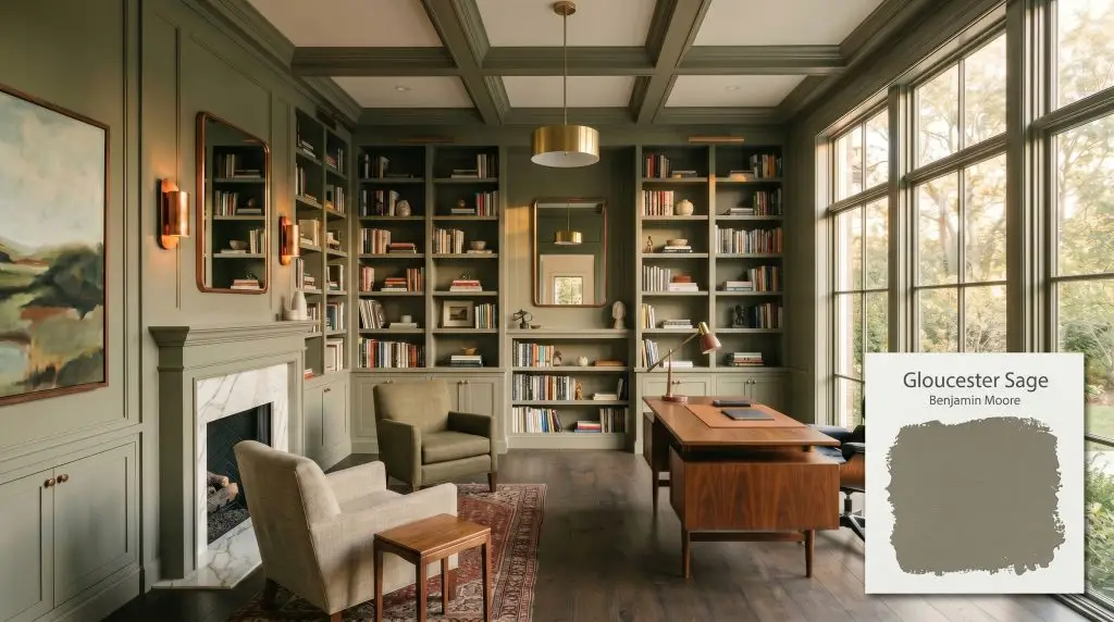 Built-in bookshelves and trim painted in Benjamin Moore Gloucester Sage (Hex #7B7665) surround a mid-century modern walnut desk and a light veined marble fireplace in this sophisticated transitional home library.