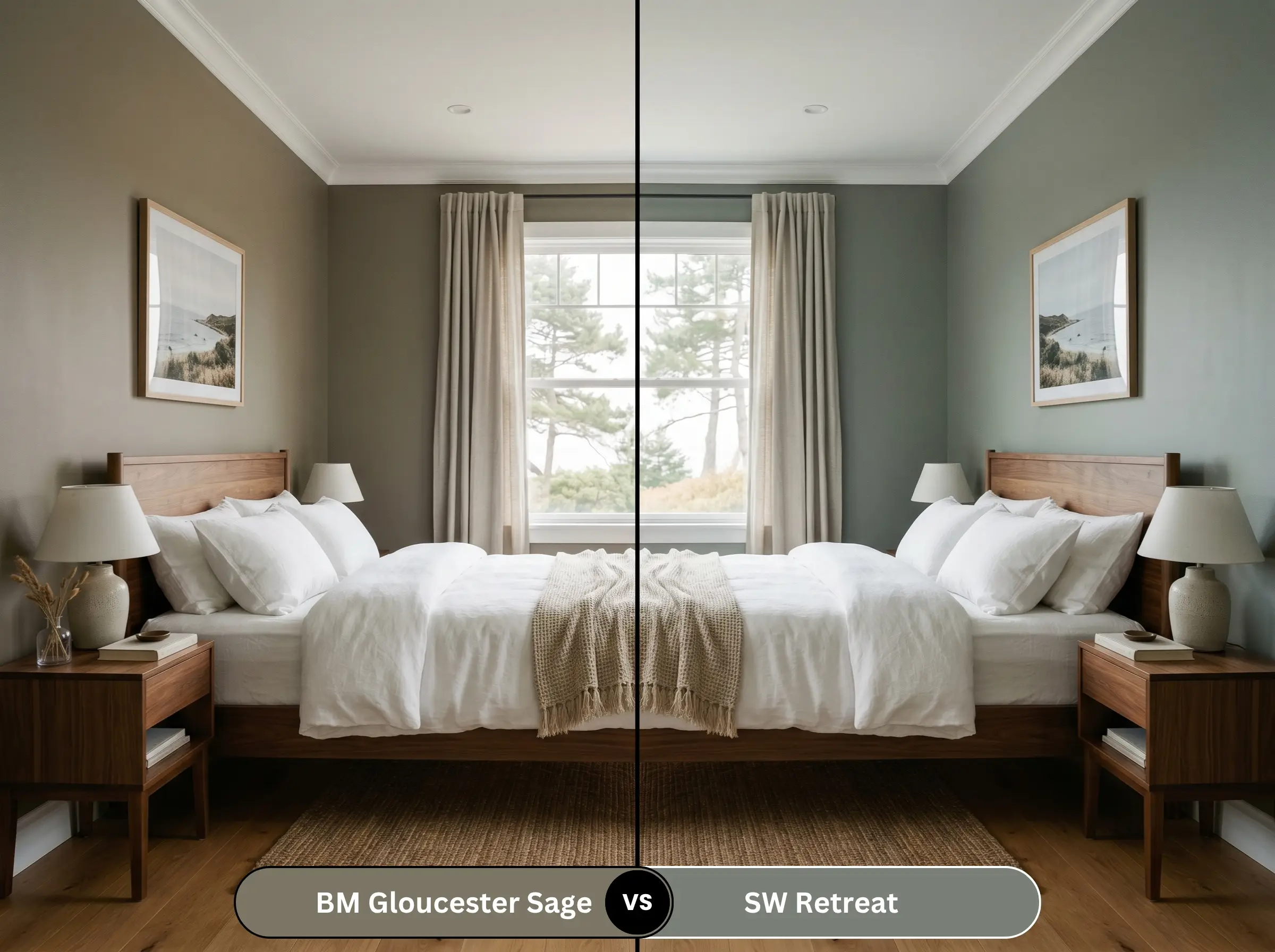 A side-by-side split-screen comparison of Benjamin Moore Gloucester Sage on the left and Sherwin-Williams Retreat on the right, shown in a coastal bedroom featuring a natural walnut bed frame and white bedding.