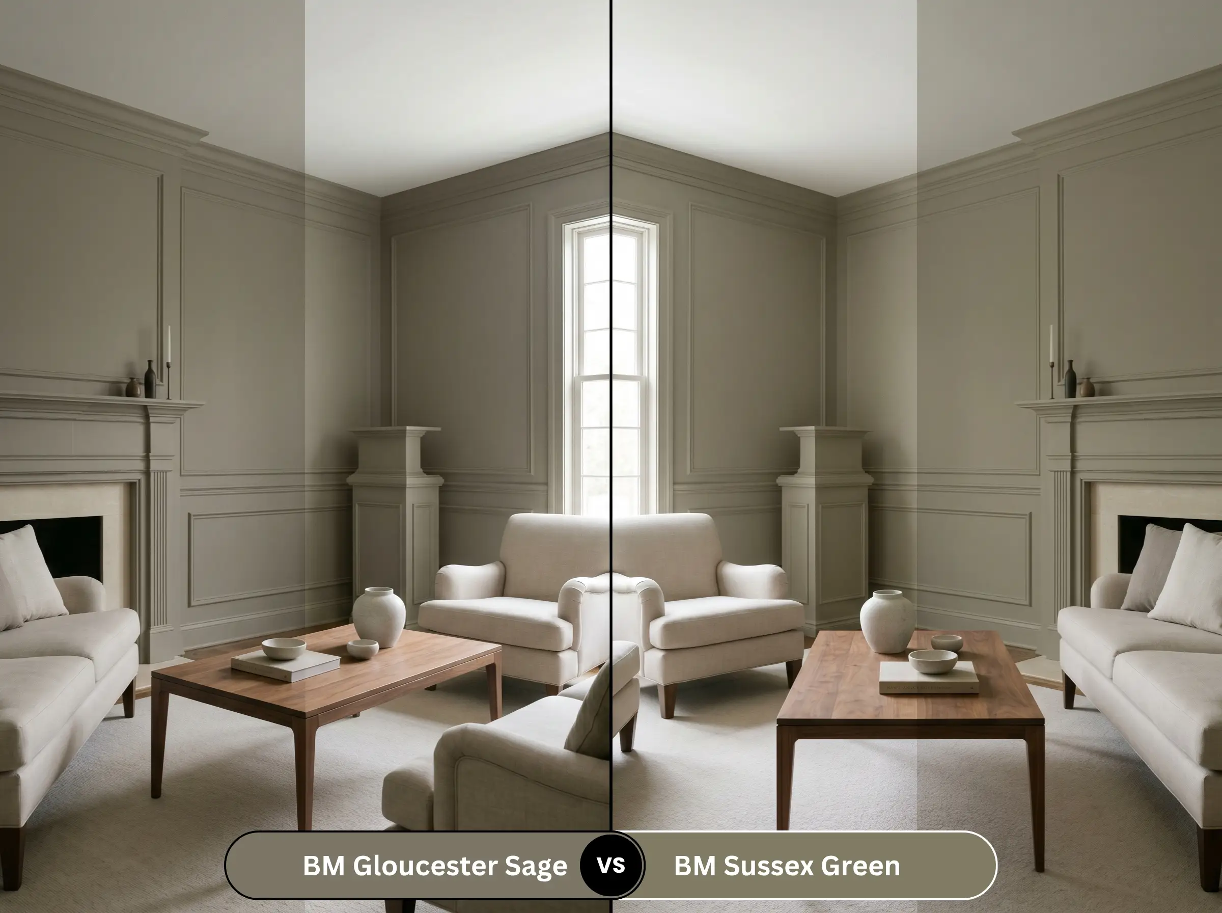 A side-by-side split-screen comparison of Benjamin Moore Gloucester Sage on the left and Sussex Green on the right, shown in a traditional living room featuring a natural walnut coffee table and neutral linen upholstery.