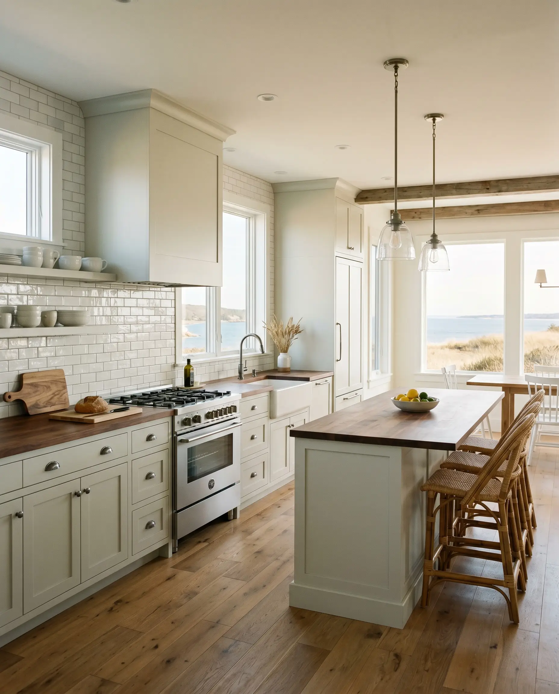 A coastal transitional kitchen features stock cabinetry painted in Benjamin Moore Horizon (Hex #DFE1DB), a glossy glazed white ceramic backsplash, and rich walnut butcher block counters.
