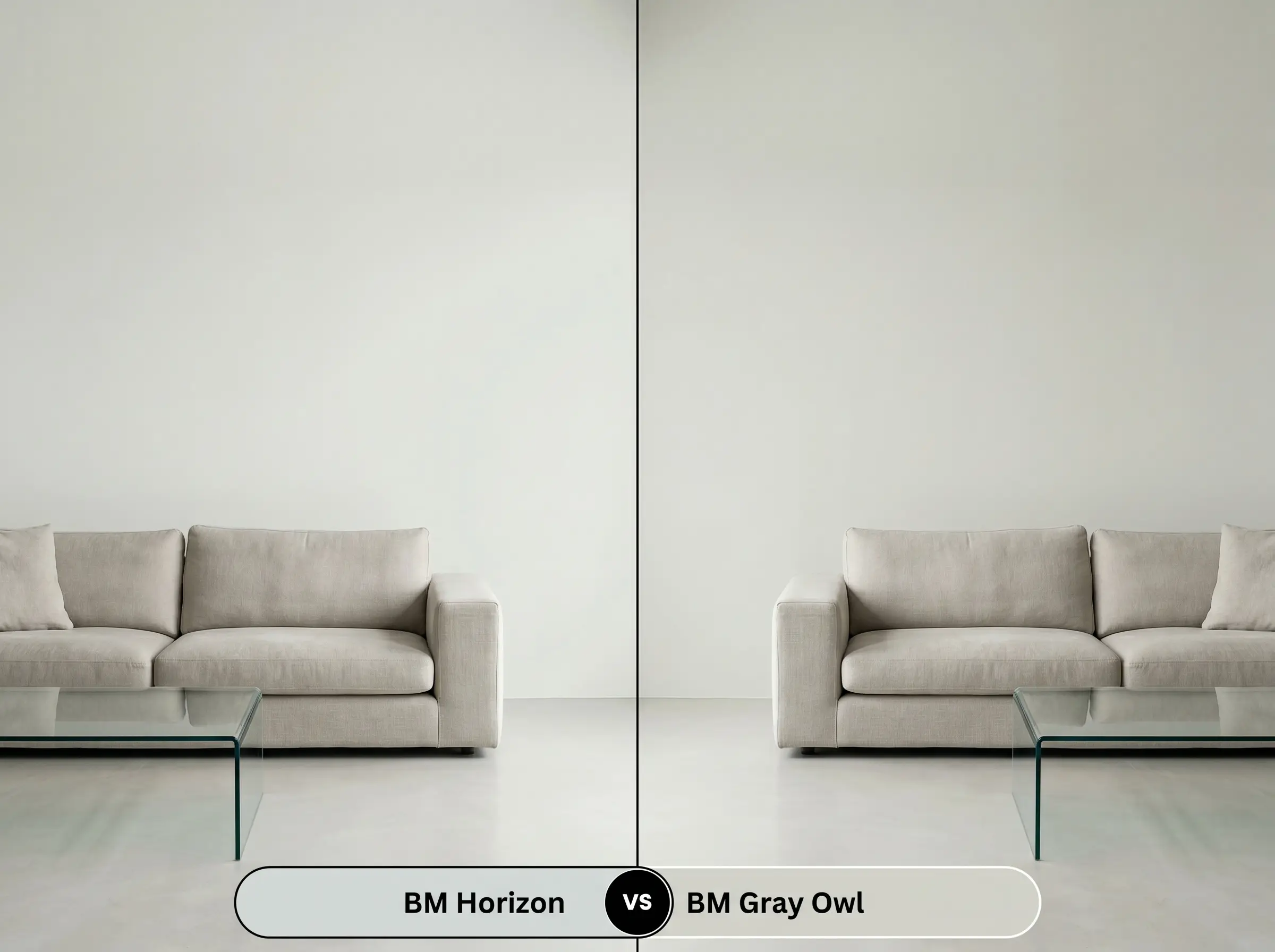 A side-by-side split-screen comparison of Benjamin Moore Horizon on the left and Benjamin Moore Gray Owl on the right, shown in a contemporary living room featuring a neutral linen sofa.
