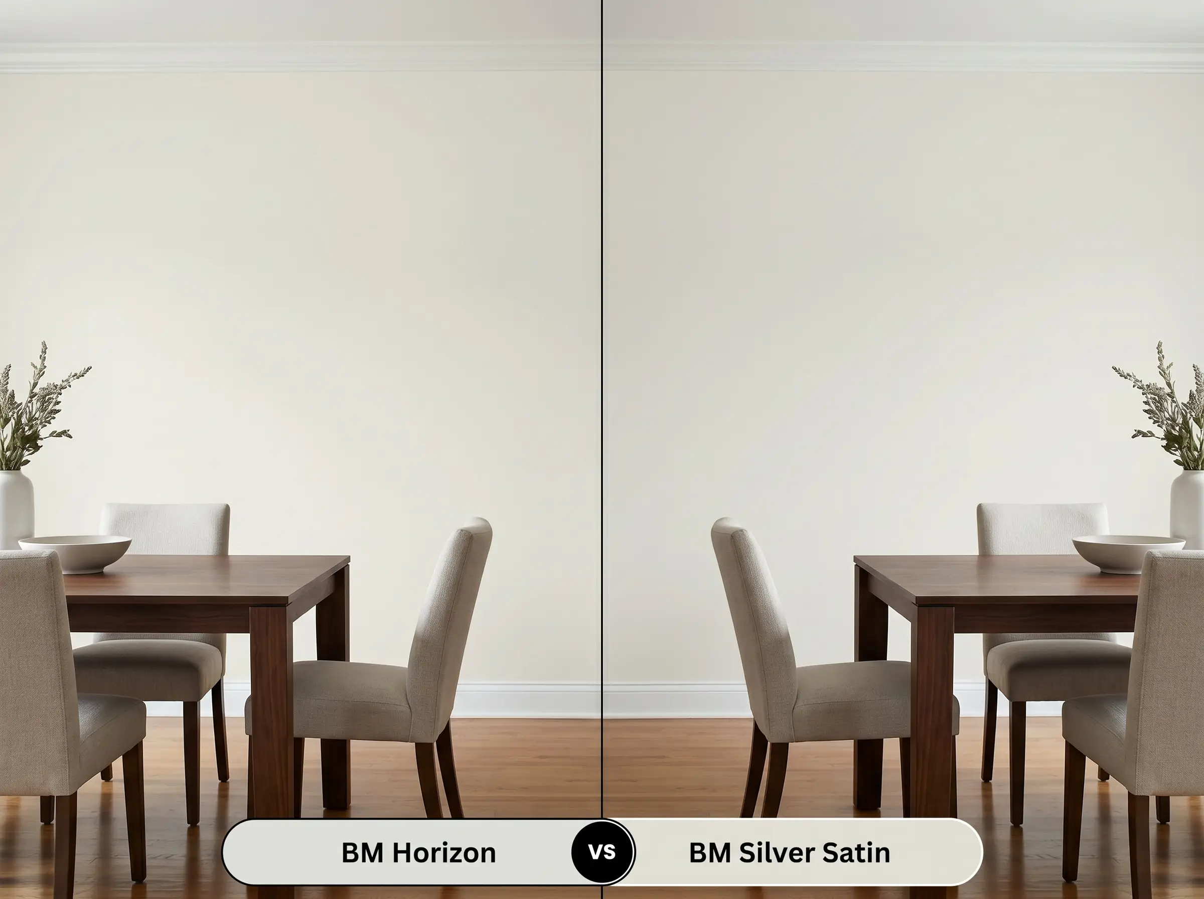 A side-by-side split-screen comparison of Benjamin Moore Horizon on the left and Benjamin Moore Silver Satin on the right, shown in an elegant dining room with a dark walnut table.