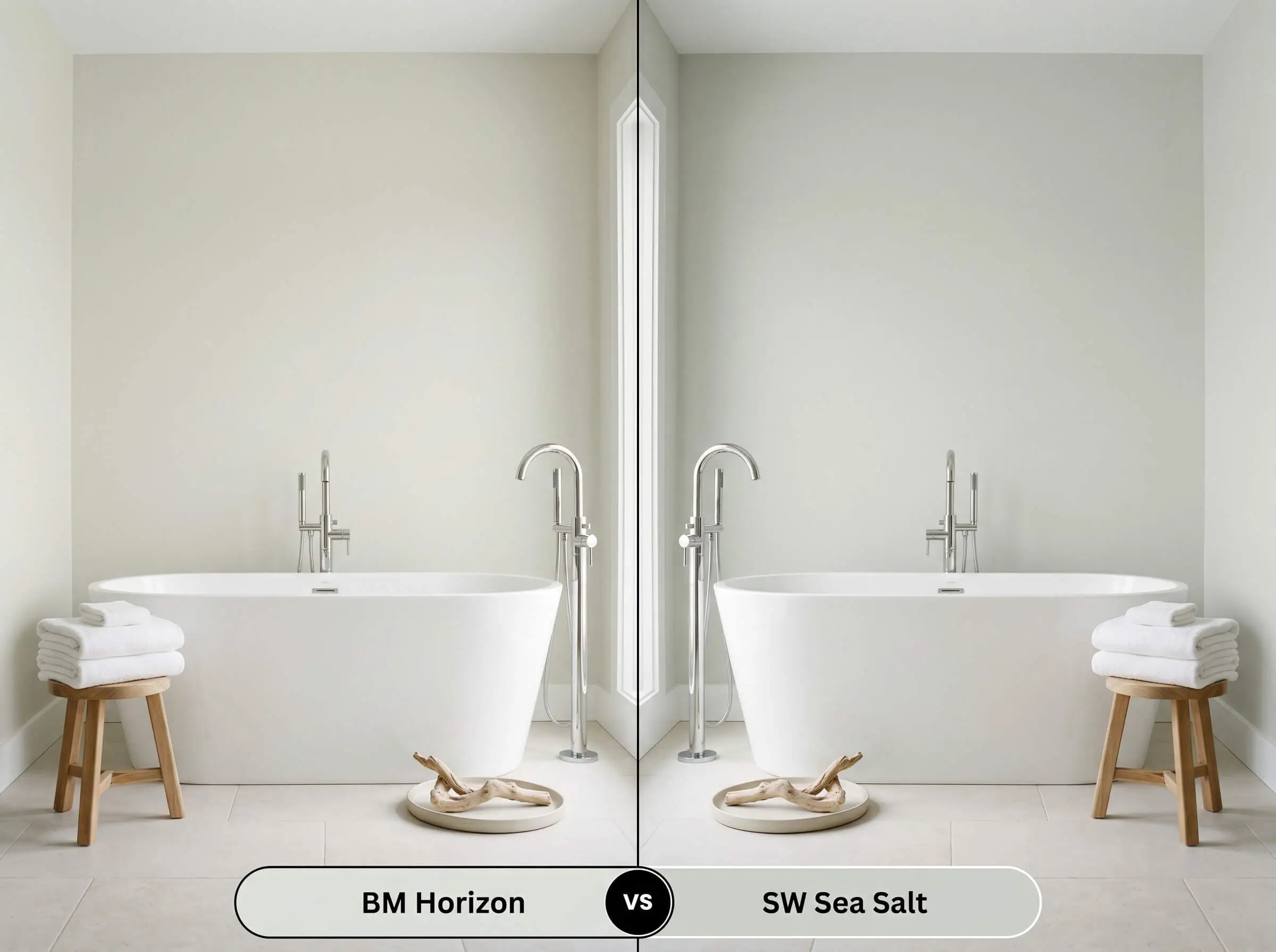 A side-by-side split-screen comparison of Benjamin Moore Horizon on the left and Sherwin-Williams Sea Salt on the right, shown in a spa-inspired bathroom featuring a freestanding white soaking tub.