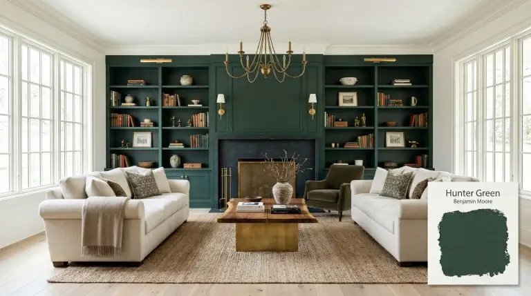 Built-in bookcases and walls painted in Benjamin Moore Hunter Green (Hex #2A453D) frame a honed soapstone fireplace and unlacquered brass light fixtures.