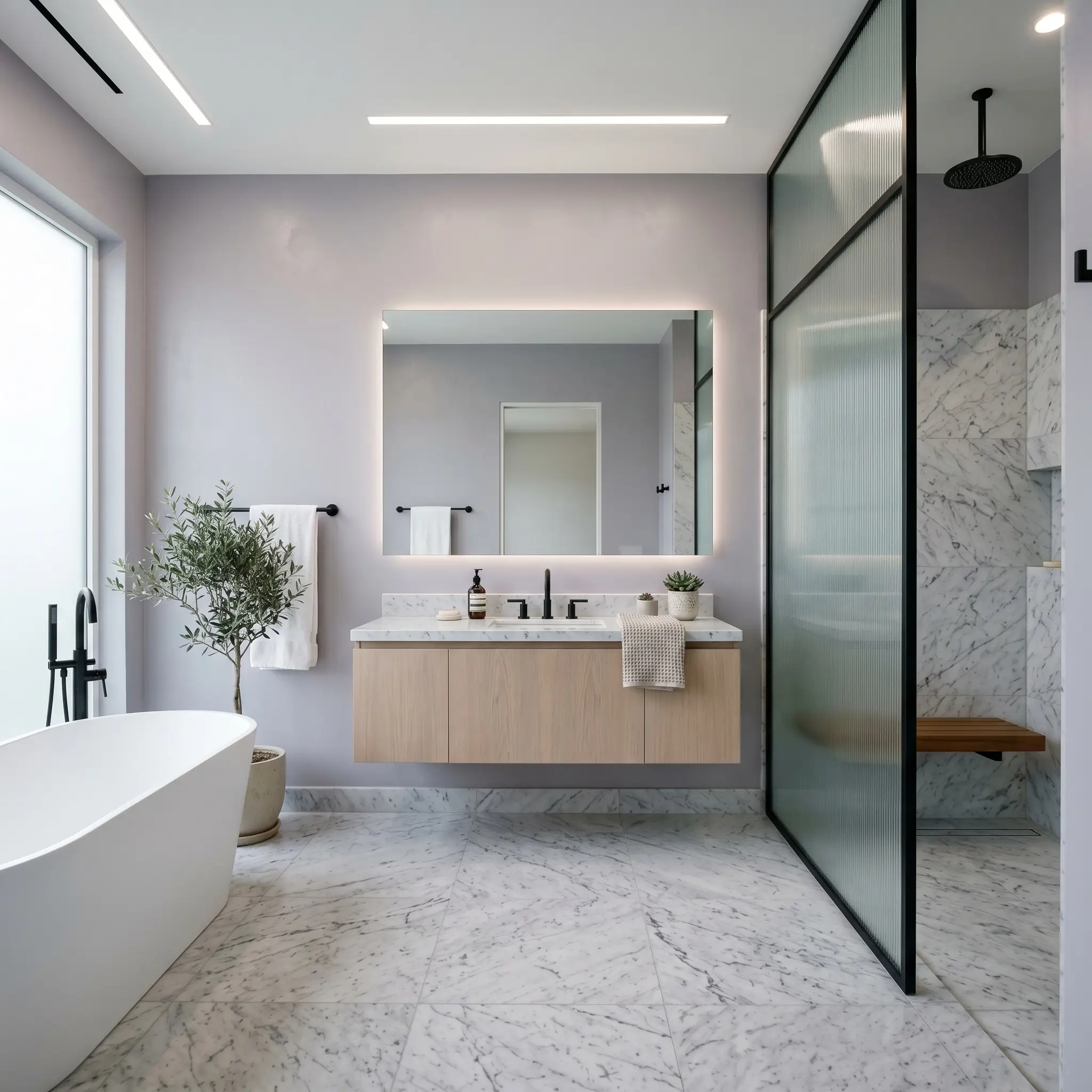 A floating bleached oak vanity and honed Carrara marble floors elevate a spa-like bathroom painted in Benjamin Moore Lavender Mist (Hex #CFCFE0).
