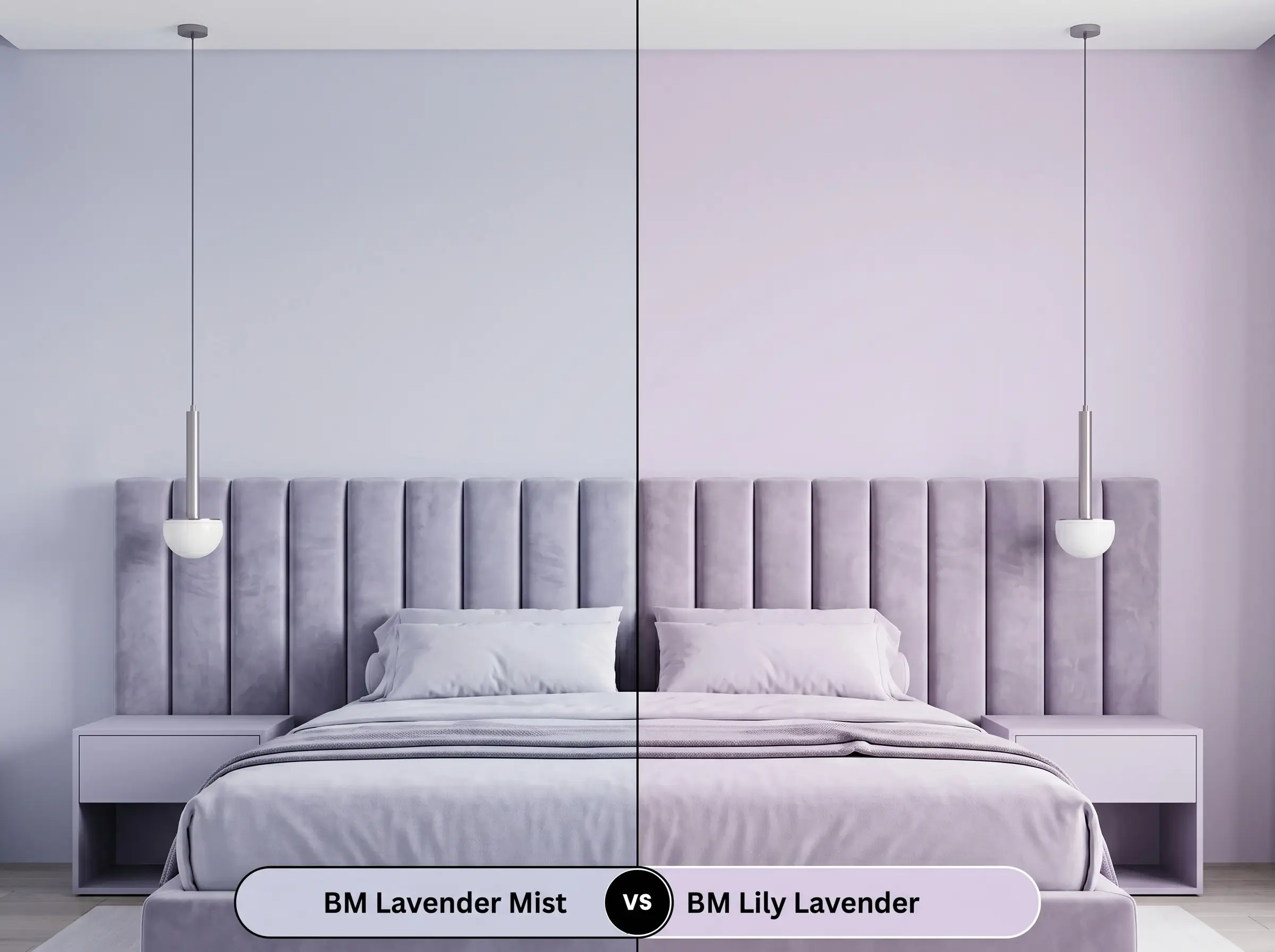 A side-by-side split-screen comparison of Benjamin Moore Lavender Mist on the left and Benjamin Moore Lily Lavender on the right, shown in a modern bedroom featuring a channel-tufted headboard.