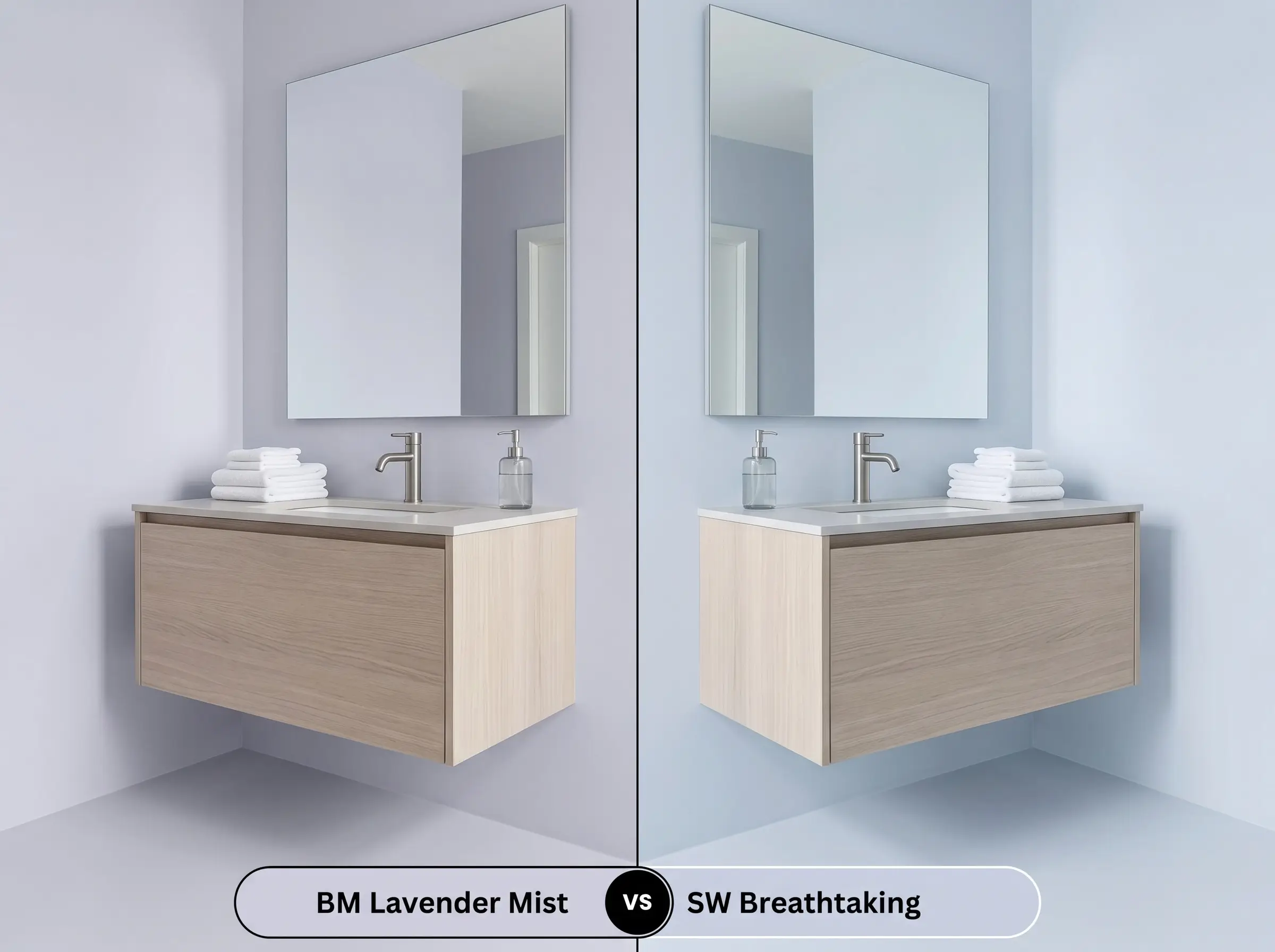A side-by-side split-screen comparison of Benjamin Moore Lavender Mist on the left and Sherwin-Williams Breathtaking on the right, shown in a spa-like bathroom with a floating bleached oak vanity.