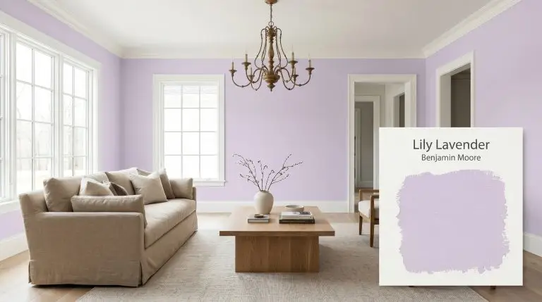 A relaxed living room features walls painted in Benjamin Moore Lily Lavender (Hex #DBCEE8), a white oak coffee table, and an unlacquered brass chandelier.