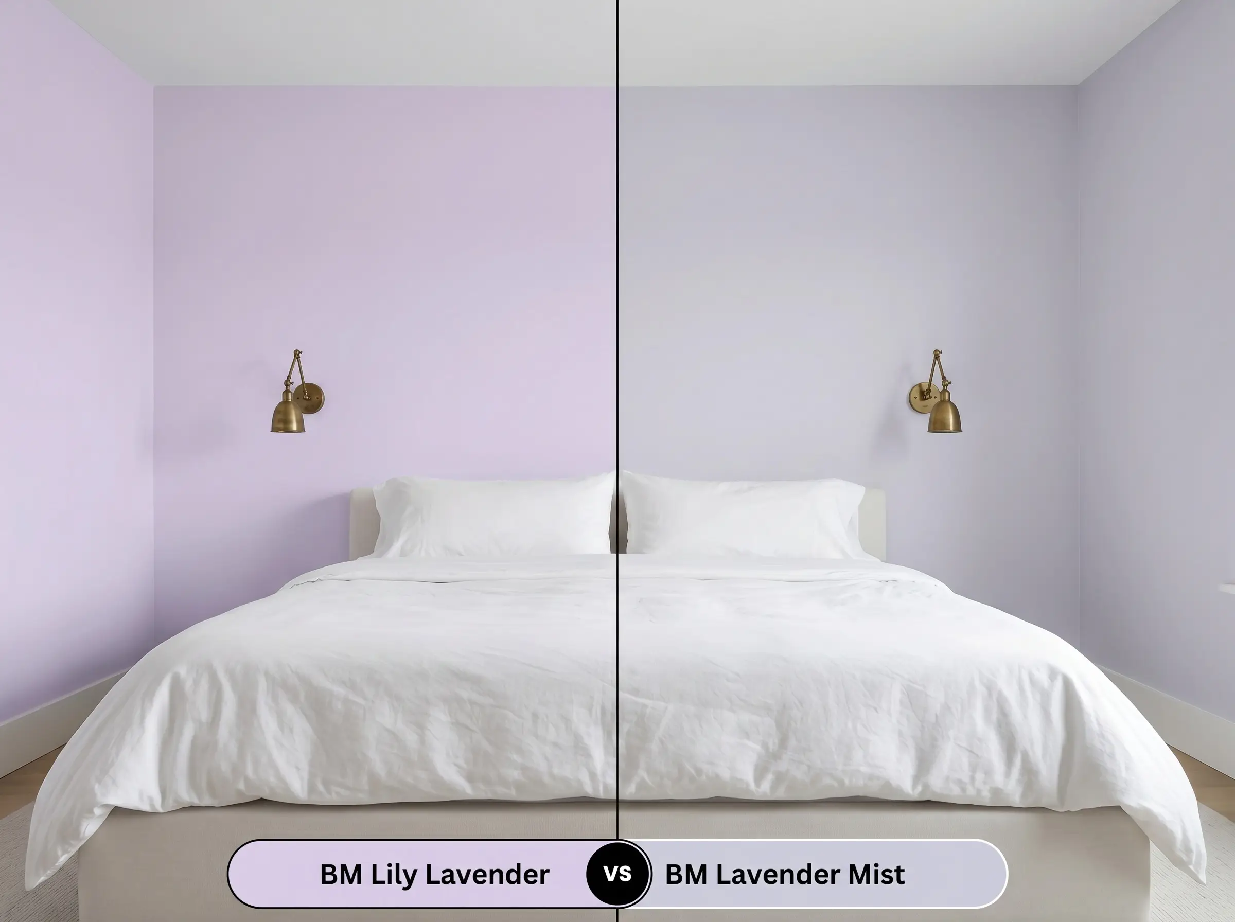 A side-by-side split-screen comparison of Benjamin Moore Lily Lavender on the left and Benjamin Moore Lavender Mist on the right, shown in a serene bedroom with unlacquered brass wall sconces.