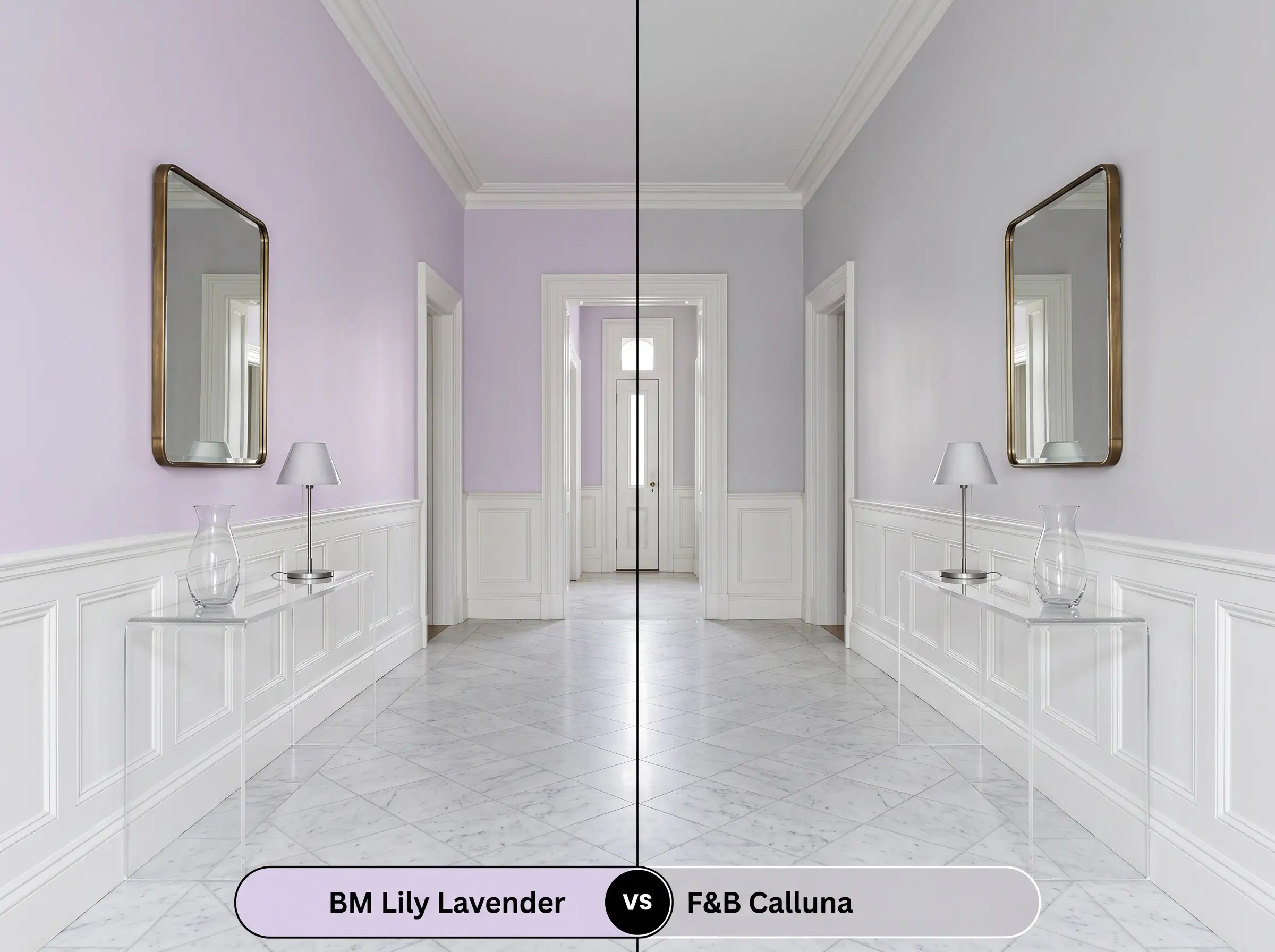 A side-by-side split-screen comparison of Benjamin Moore Lily Lavender on the left and Farrow & Ball Calluna on the right, shown in a historic home entryway with crisp white wainscoting.