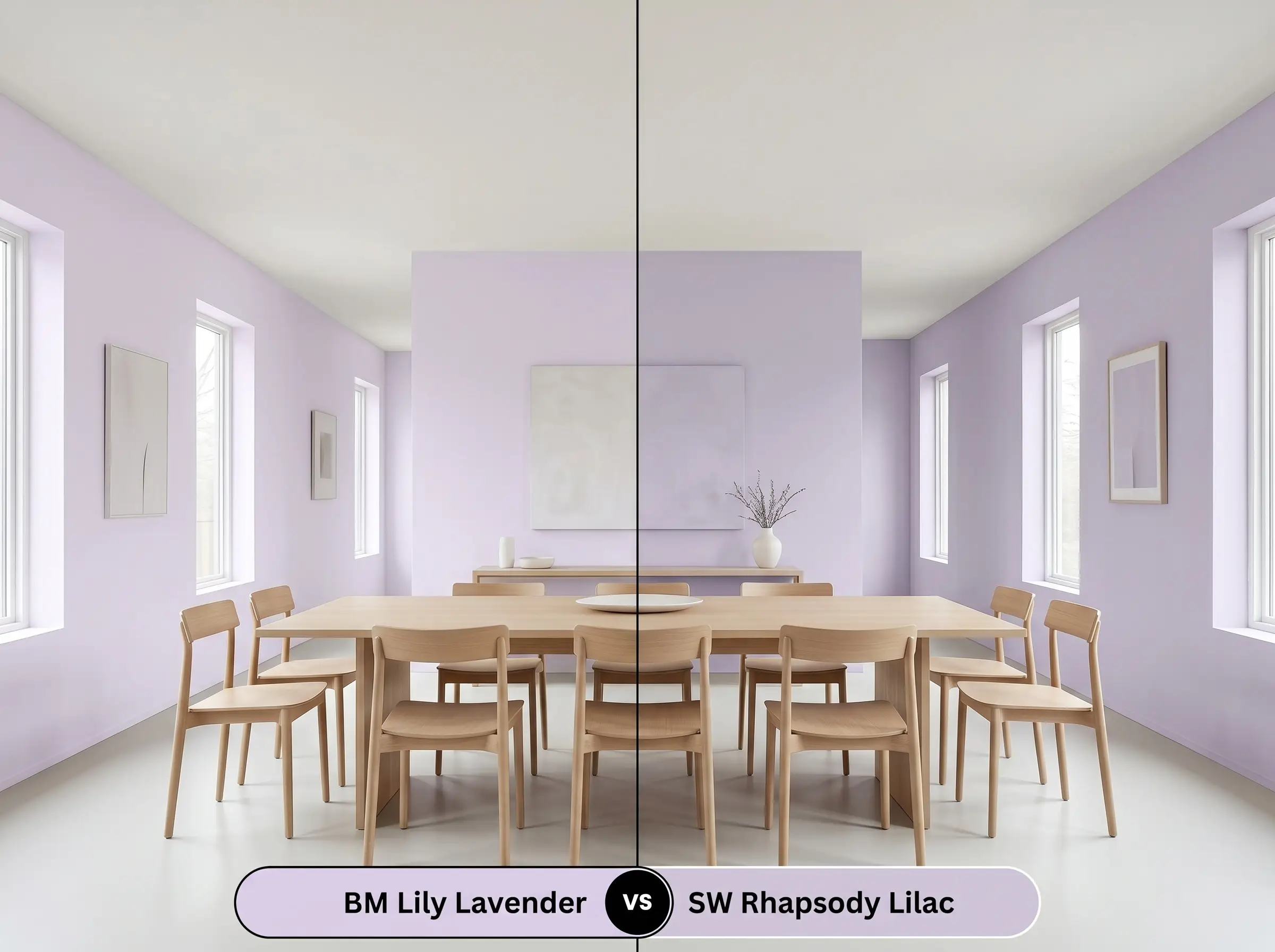 A side-by-side split-screen comparison of Benjamin Moore Lily Lavender on the left and Sherwin-Williams Rhapsody Lilac on the right, shown in a modern dining room with a white oak table.