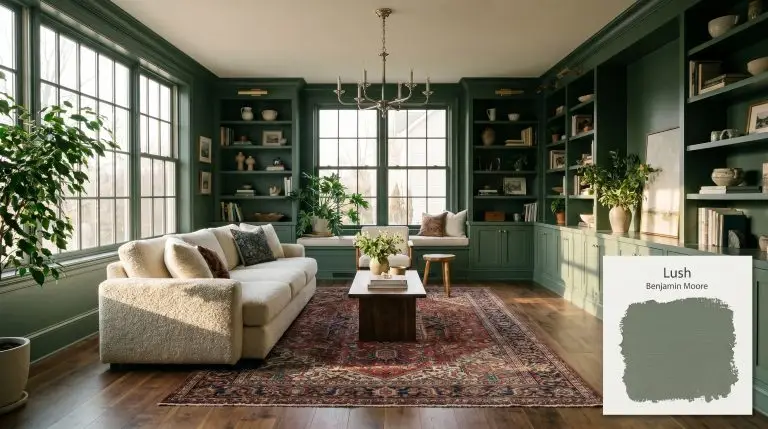 A raw walnut hardwood floor and chunky wool bouclé sofa anchor a transitional living room painted in Benjamin Moore Lush (Hex #738071).