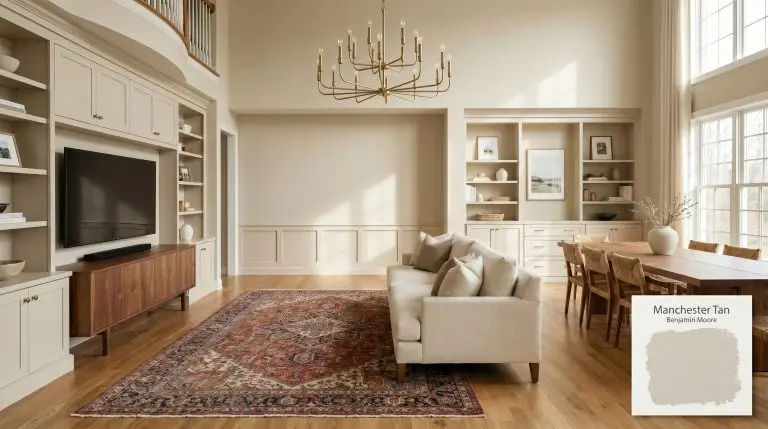 A grand transitional living and dining space painted in Benjamin Moore Manchester Tan (Hex #DBD2BC) features a cream linen sofa and vintage Persian rug.