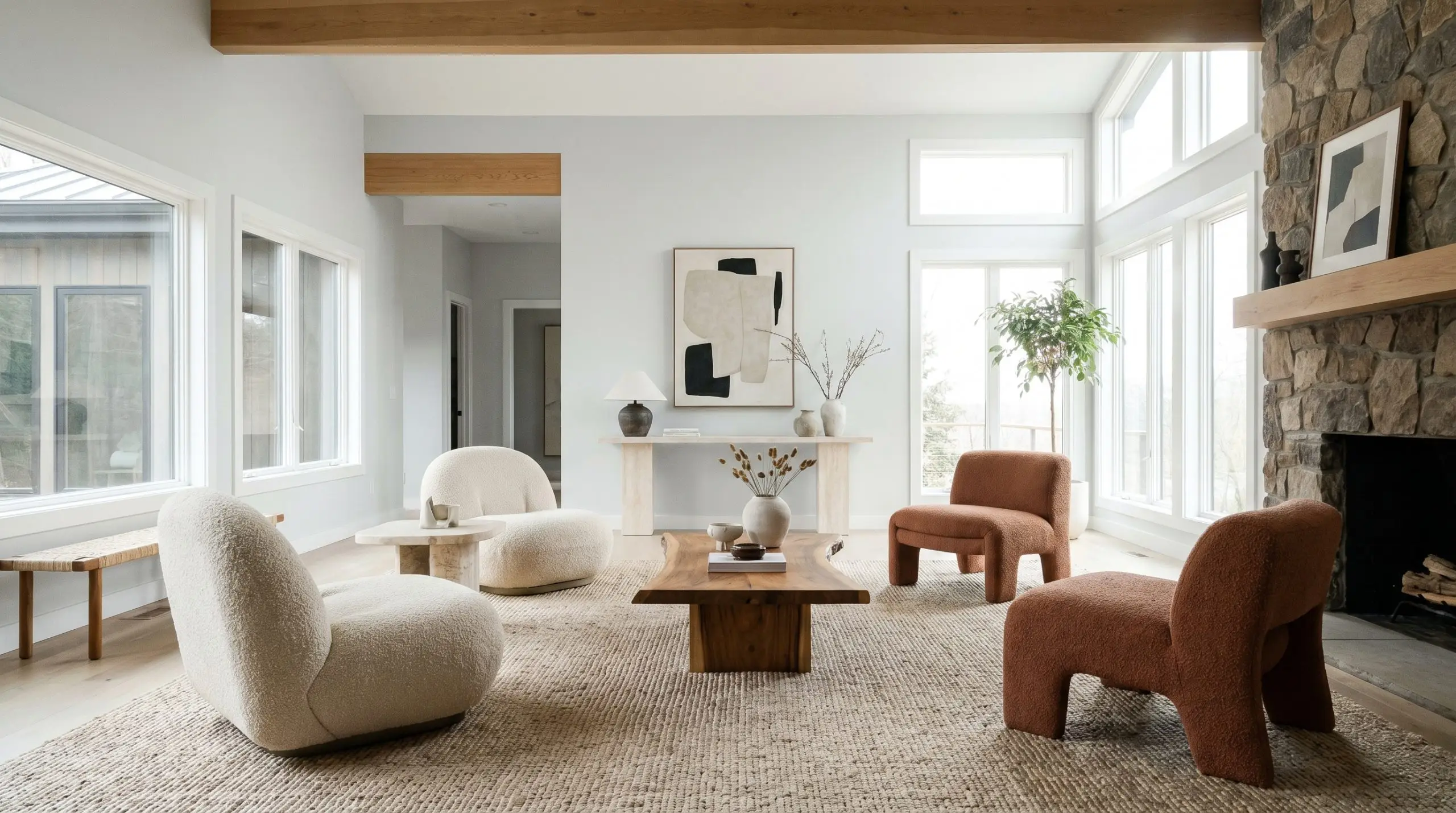 Sculptural accent chairs wrapped in nubby bouclé and a large-scale woven rug furnish a bright, cool off-white organic modern living space.