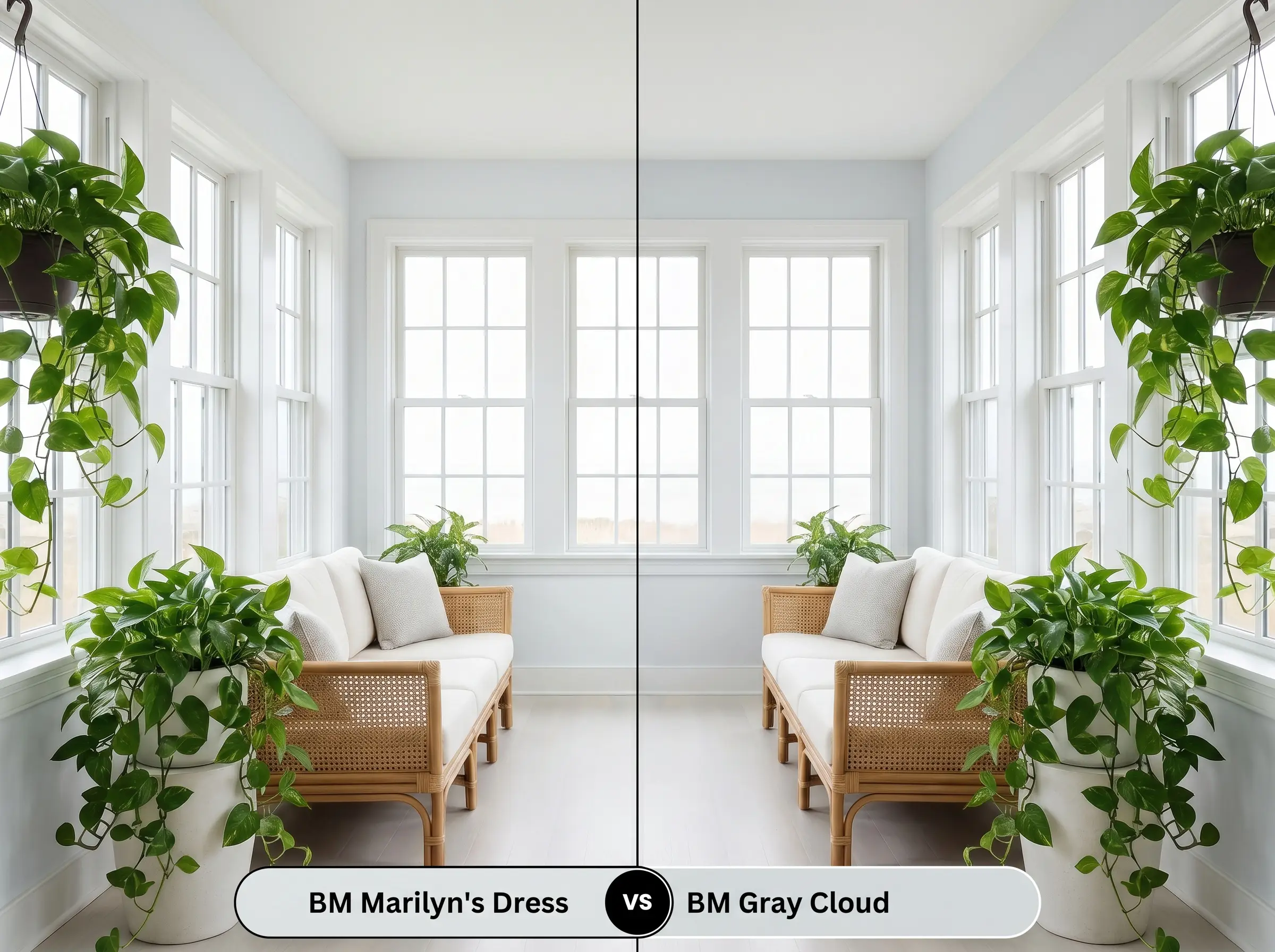 A side-by-side split-screen comparison of Benjamin Moore Marilyn's Dress on the left and Benjamin Moore Gray Cloud on the right, shown in a sun-drenched sunroom featuring a rattan sofa.