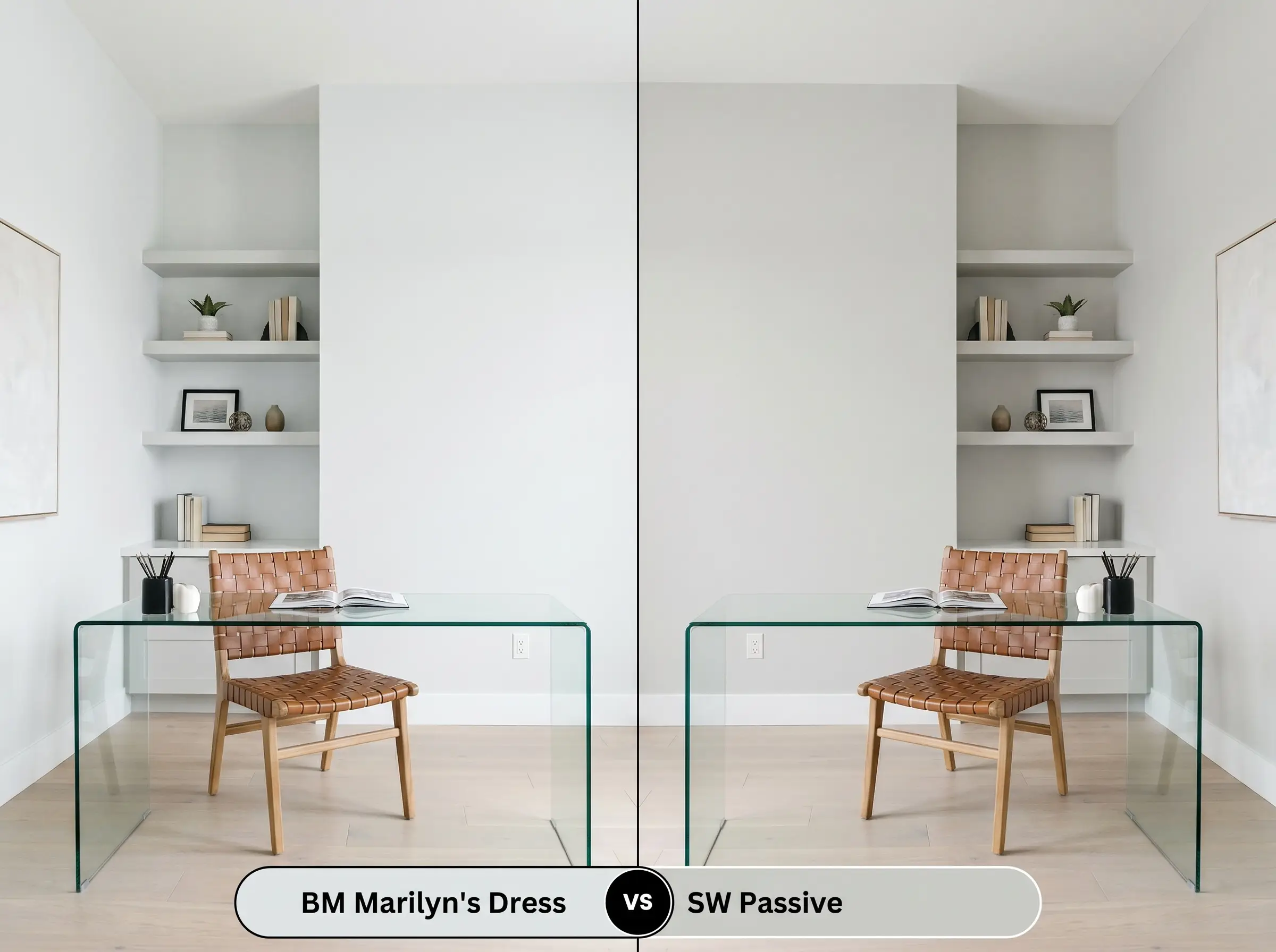 A side-by-side split-screen comparison of Benjamin Moore Marilyn's Dress on the left and Sherwin-Williams Passive on the right, shown in a modern home office with a glass-topped desk.