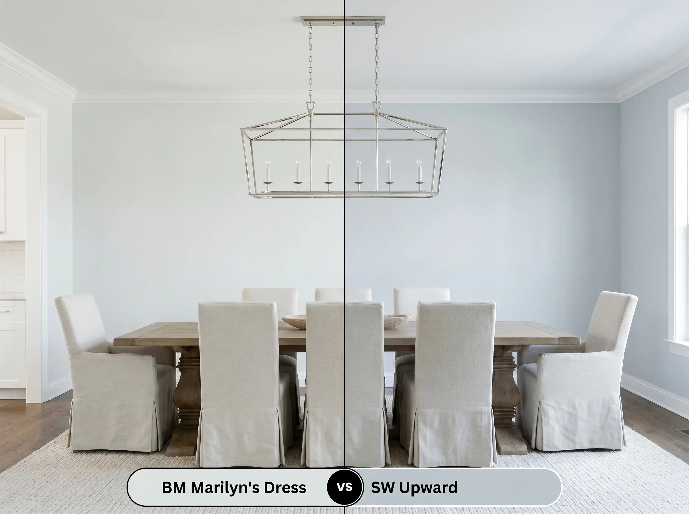 A side-by-side split-screen comparison of Benjamin Moore Marilyn's Dress on the left and Sherwin-Williams Upward on the right, shown in a transitional dining room with a pedestal table.