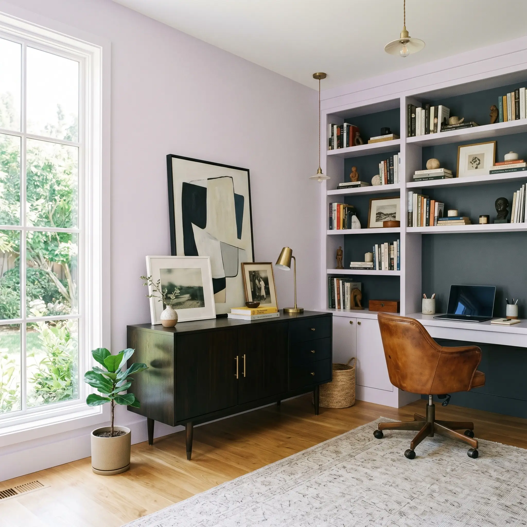 An ebonized walnut mid-century credenza and vintage saddle leather desk chair sit against pale violet walls featuring deep charcoal built-in bookcases.