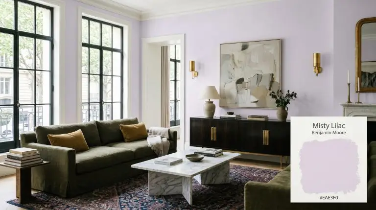 An ebonized walnut credenza and deep olive washed linen sofa sit against ethereal wash walls painted in Benjamin Moore Misty Lilac (Hex #EAE3F0).