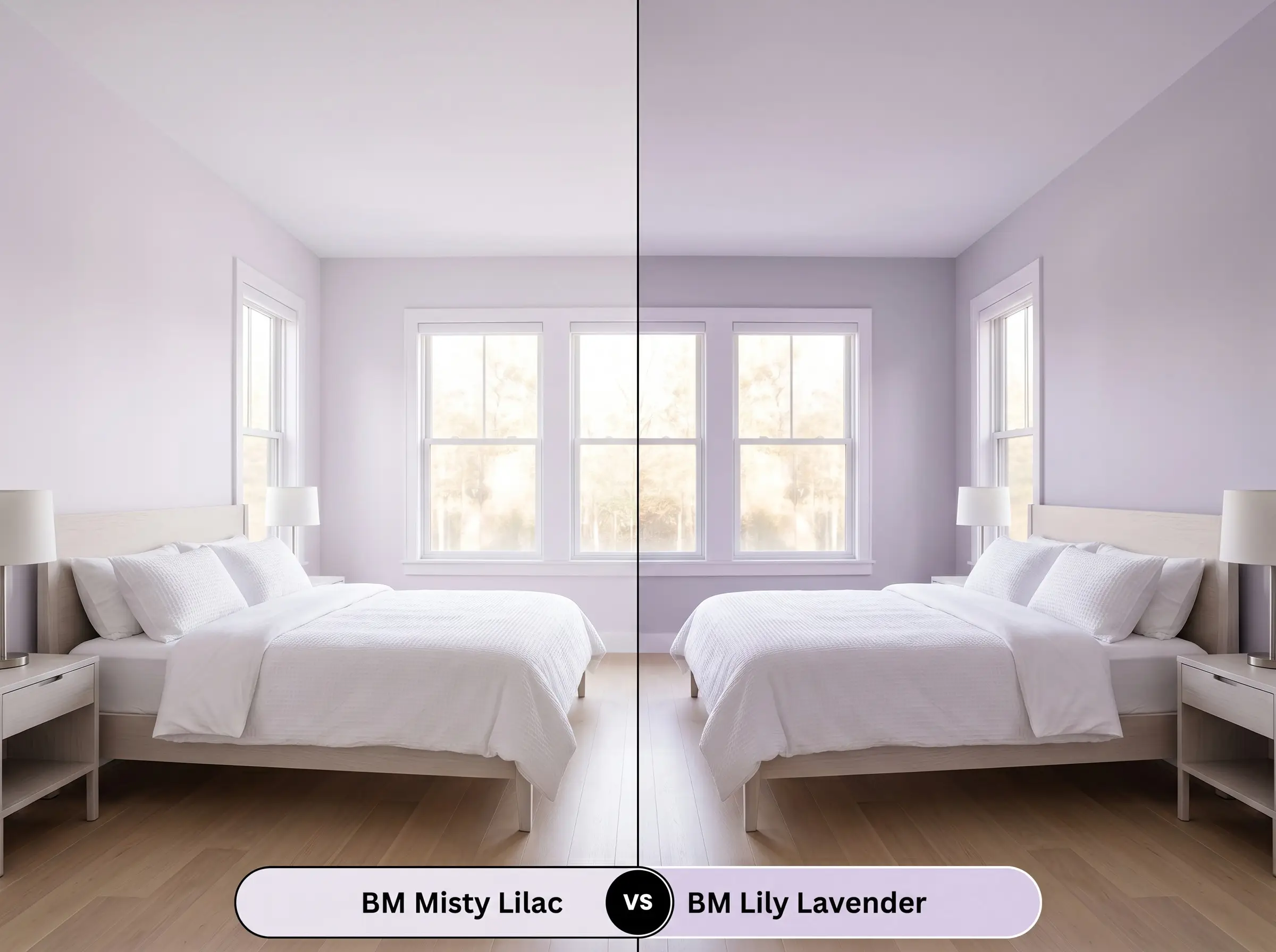 A side-by-side split-screen comparison of Benjamin Moore Misty Lilac on the left and Benjamin Moore Lily Lavender on the right, shown in a sunlit bedroom with a white oak bed frame.