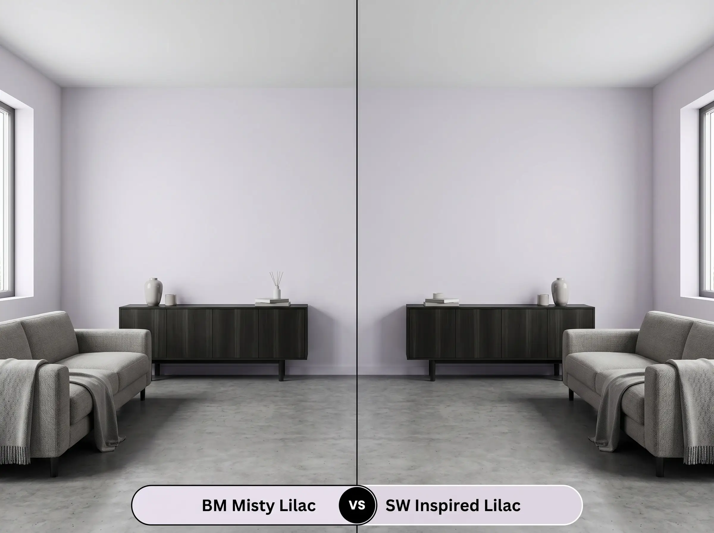A side-by-side split-screen comparison of Benjamin Moore Misty Lilac on the left and Sherwin-Williams Inspired Lilac on the right, shown in a shaded living room with an ebonized walnut console.