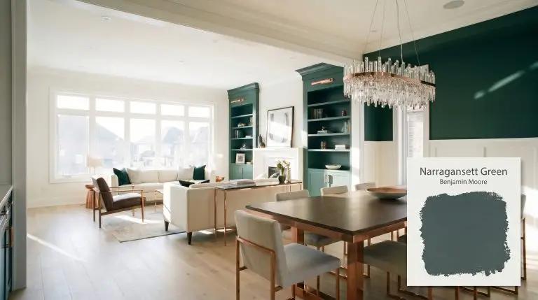 Built-in living room shelving and upper dining walls painted in Benjamin Moore Narragansett Green (Hex #435155) contrast against Sherwin-Williams Alabaster wainscoting, bleached ash wood flooring, and a sparkling chandelier.