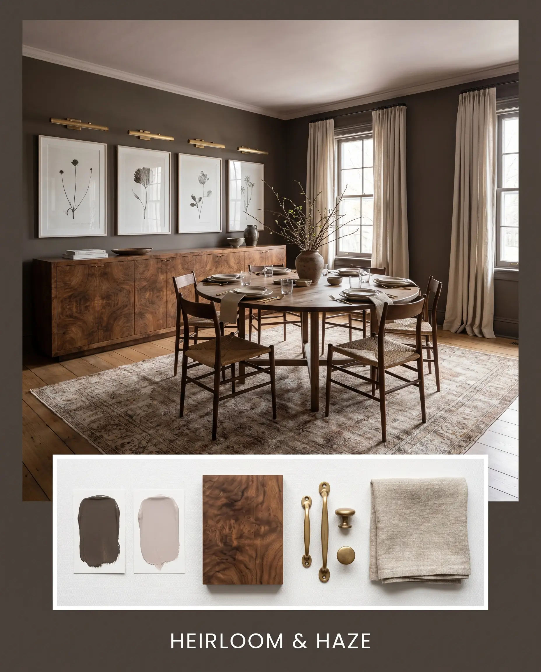 A conceptual mood board features a dining room painted in Benjamin Moore Night Horizon (Hex #4B433D) alongside a flat-lay of walnut, brass, and linen.