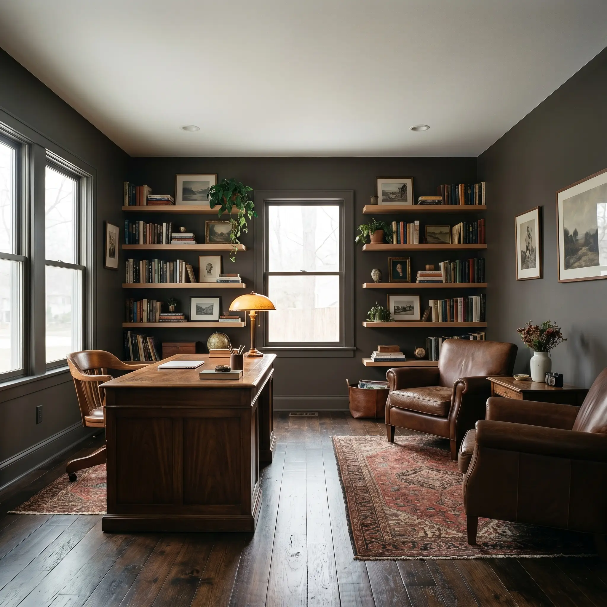 A vintage walnut desk and natural wood floating shelves sit on dark hardwood floors in a home library painted Benjamin Moore Night Horizon (Hex #4B433D).