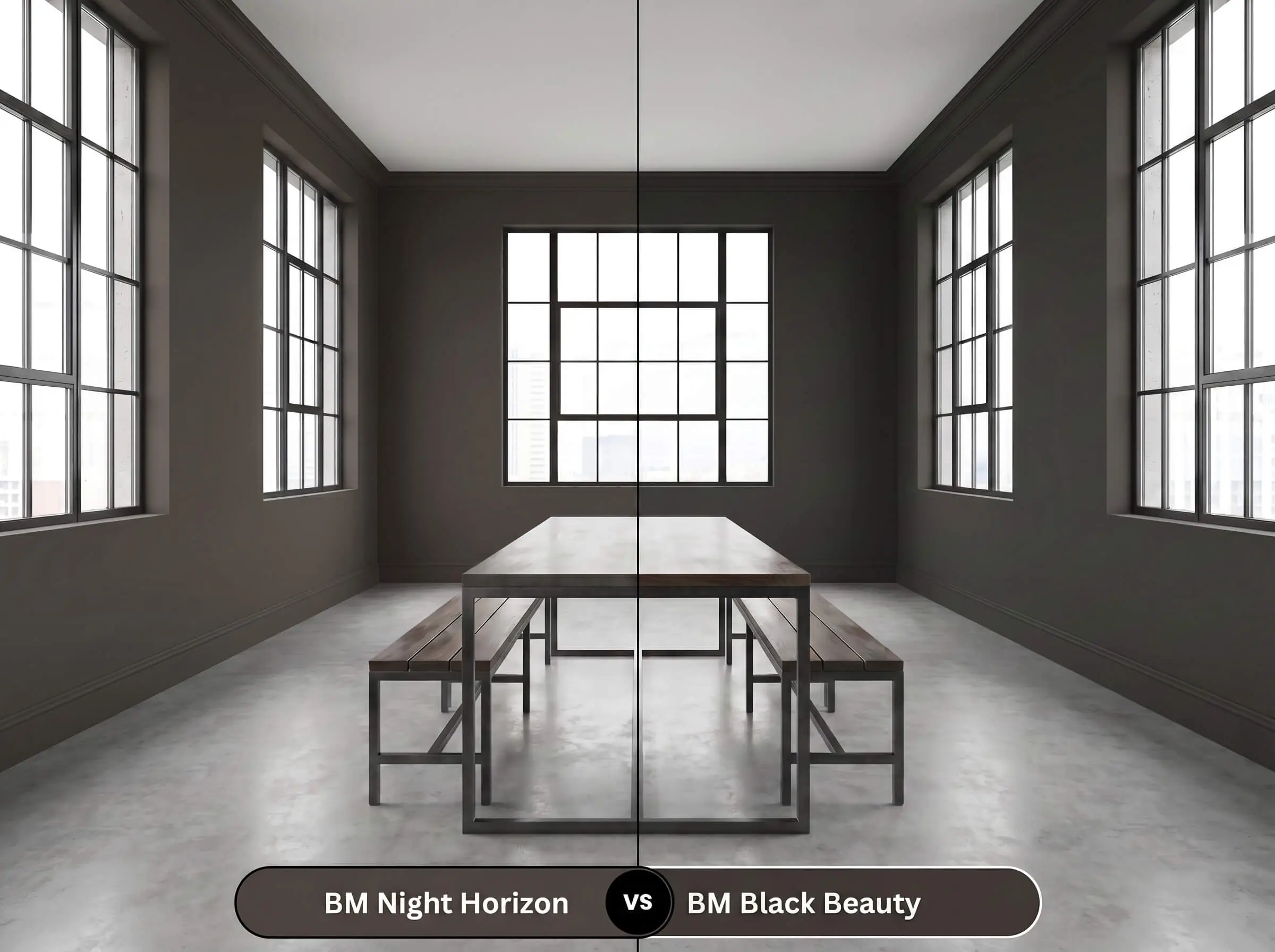 A side-by-side split-screen comparison of Benjamin Moore Night Horizon on the left and Benjamin Moore Black Beauty on the right, shown in an industrial dining room.