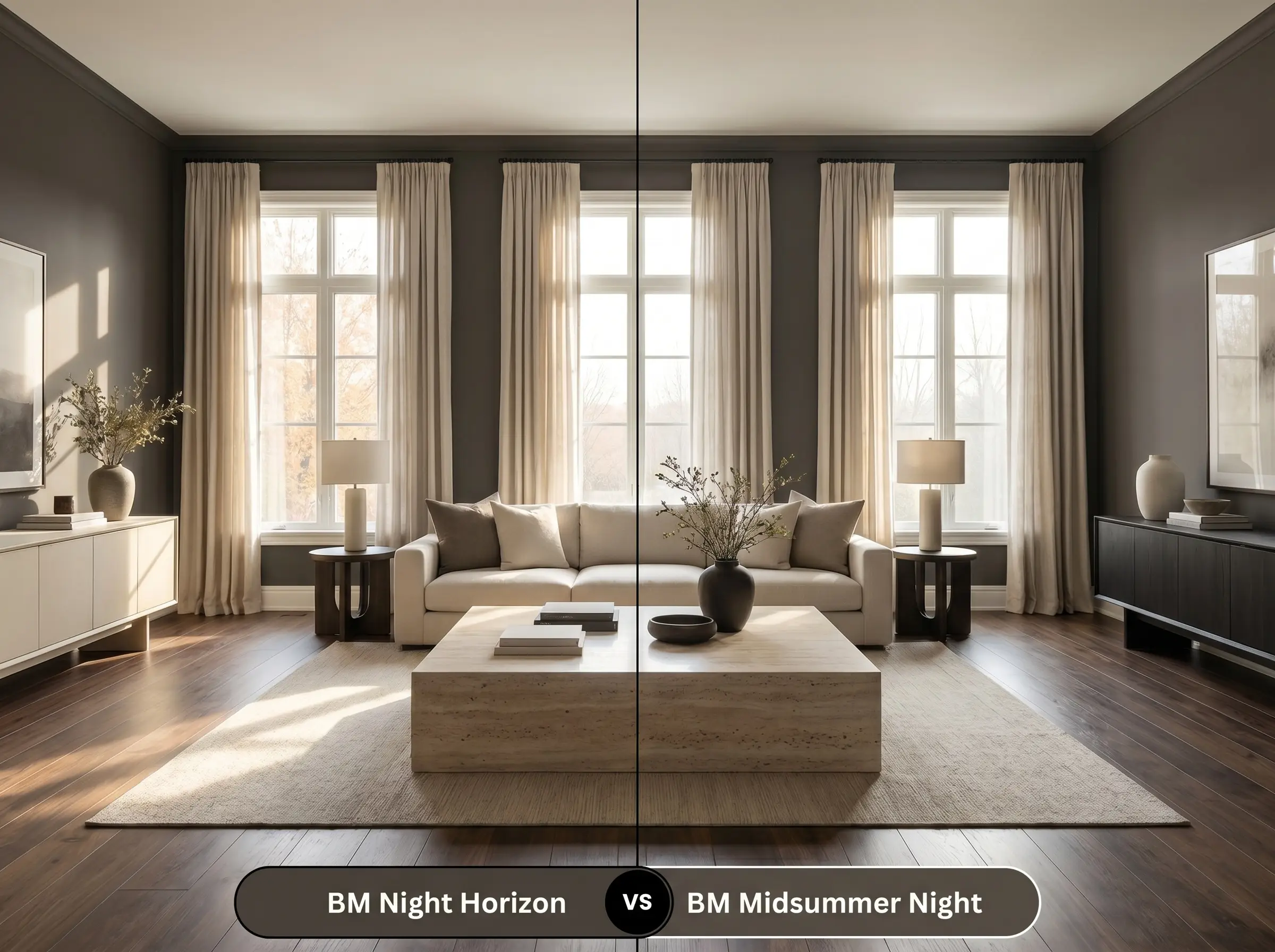 A side-by-side split-screen comparison of Benjamin Moore Night Horizon on the left and Benjamin Moore Midsummer Night on the right, shown in a minimalist living room.