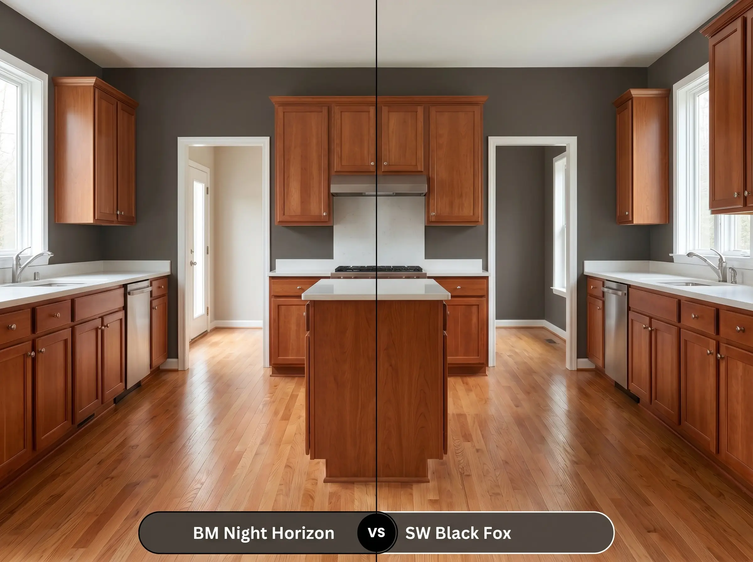 A side-by-side split-screen comparison of Benjamin Moore Night Horizon on the left and Sherwin-Williams Black Fox on the right, shown in a transitional kitchen.