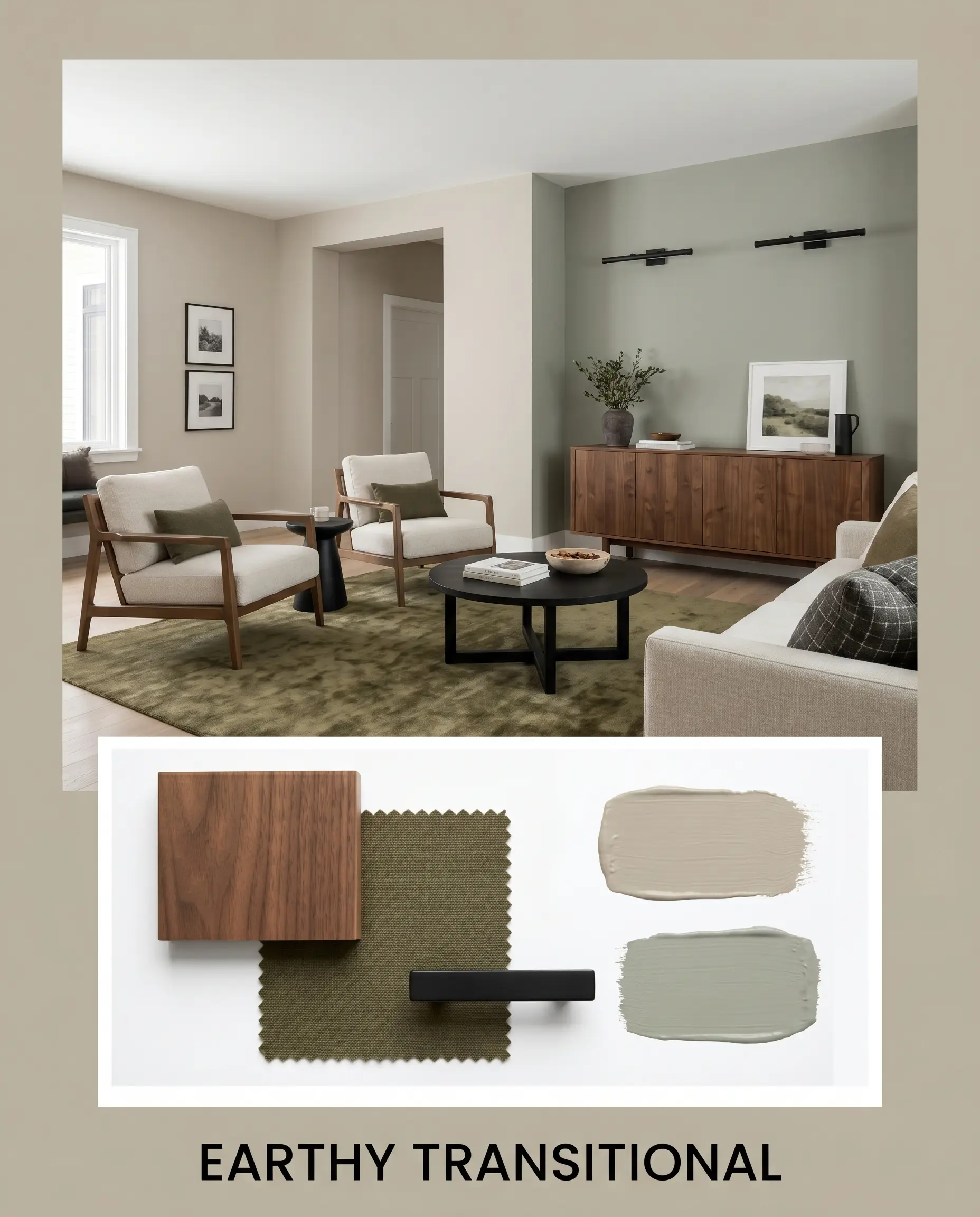An earthy transitional mood board pairs a photorealistic living space featuring Benjamin Moore Pashmina (Hex #BBB2A1) walls with a flat-lay of walnut wood, olive fabric, and matte black metal.