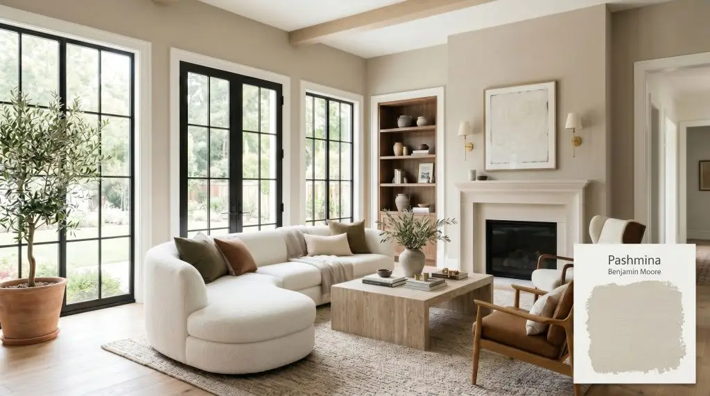A plush bouclé sofa and tumbled travertine coffee table center a transitional living room painted in Benjamin Moore Pashmina (Hex #BBB2A1) with creamy trim.