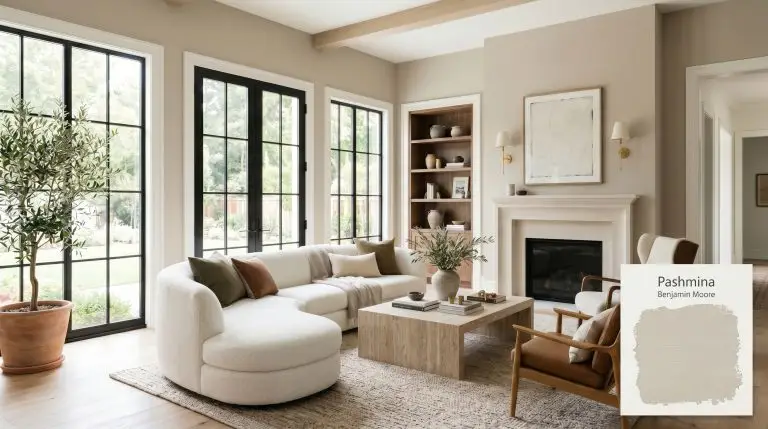 A plush bouclé sofa and tumbled travertine coffee table center a transitional living room painted in Benjamin Moore Pashmina (Hex #BBB2A1) with creamy trim.