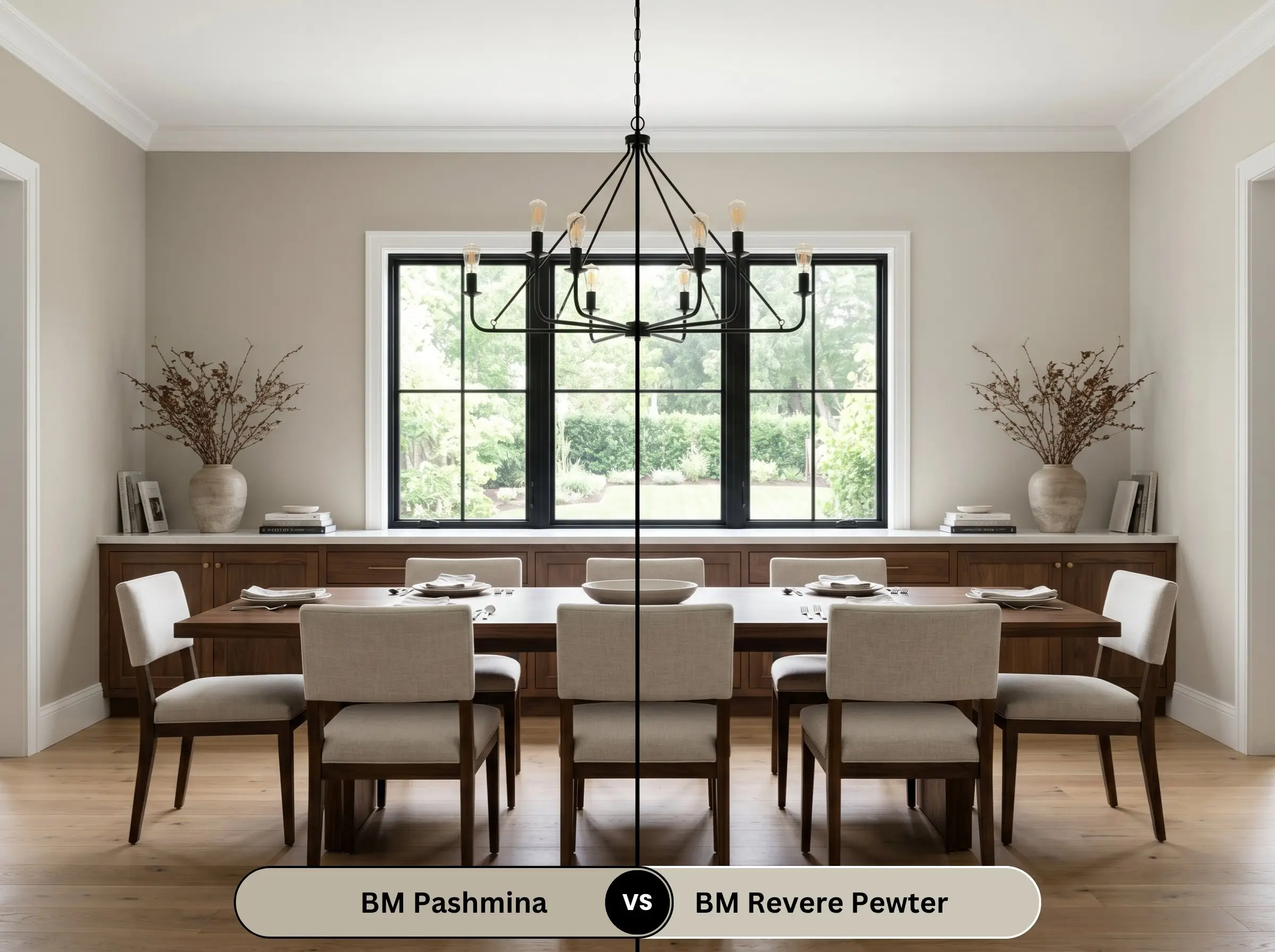 A side-by-side split-screen comparison of Benjamin Moore Pashmina on the left and Benjamin Moore Revere Pewter on the right, shown in a transitional dining room with a walnut table.